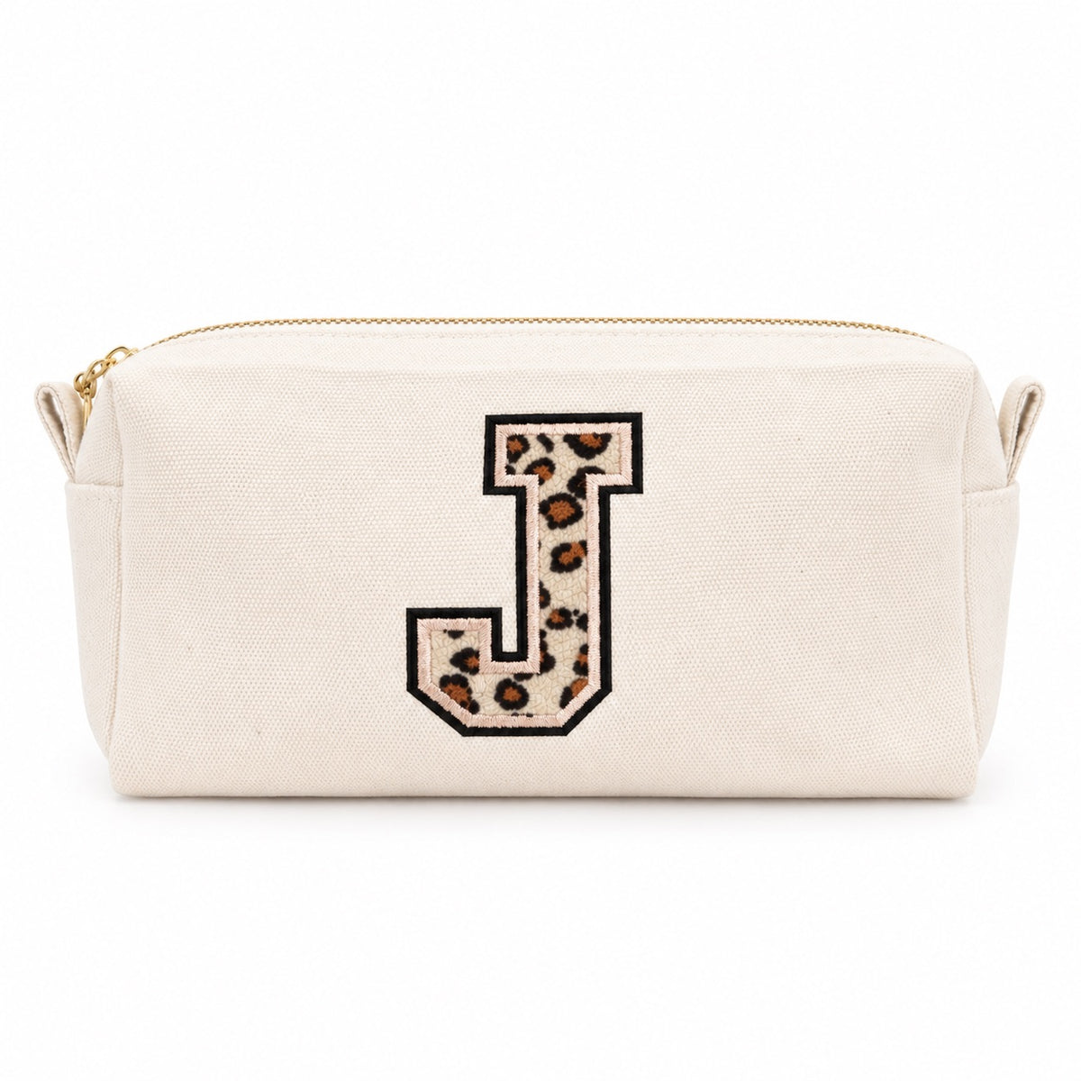 Kosmetiktasche mit Leo-Buchstaben A–Z oder Herz | Baumwolle Make-up Tasche S & L | Beige & Schwarz | Personalisiertes Geschenk für Frauen Kulturbeutel Reiseorganizer