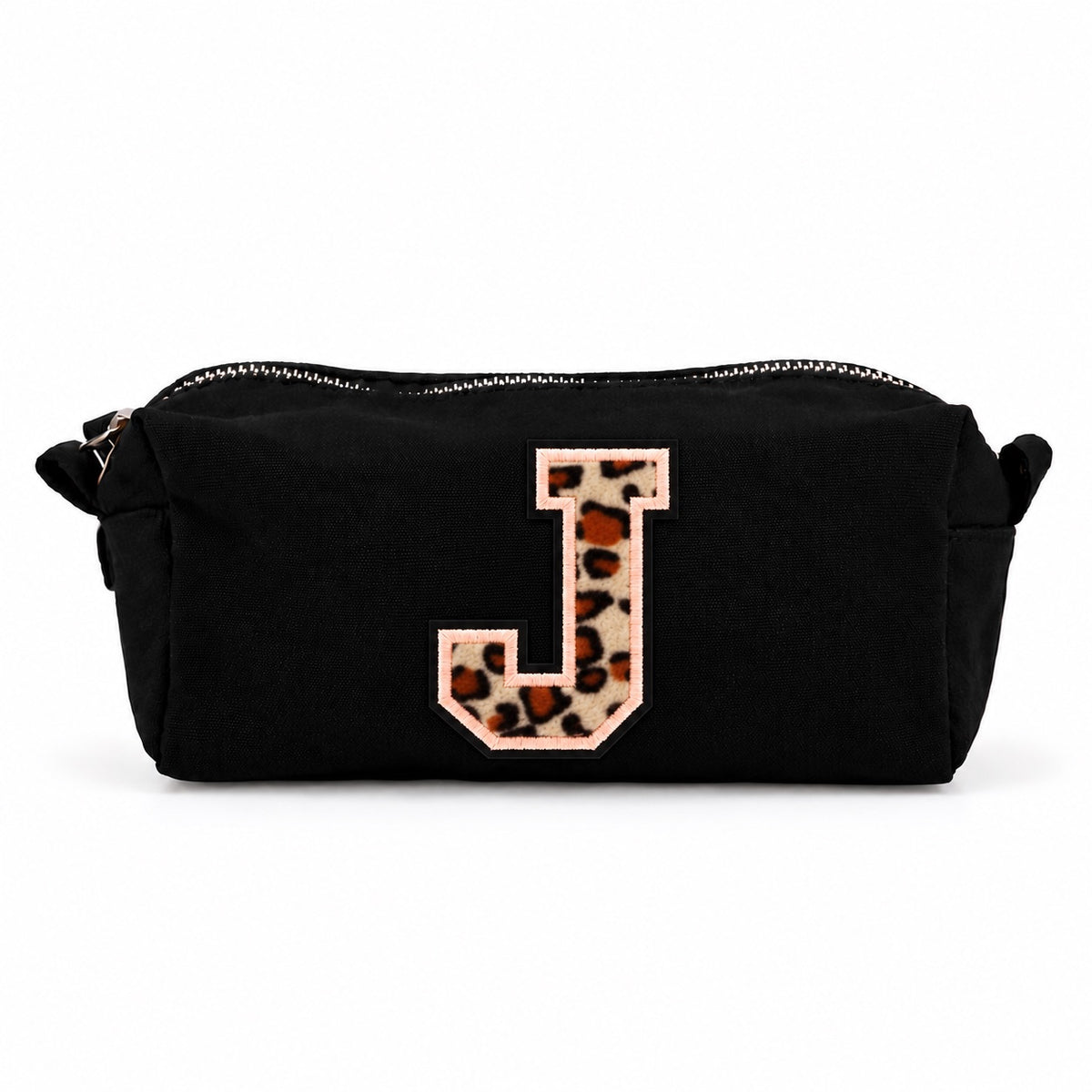 Kosmetiktasche mit Leo-Buchstaben A–Z oder Herz | Baumwolle Make-up Tasche S & L | Beige & Schwarz | Personalisiertes Geschenk für Frauen Kulturbeutel Reiseorganizer