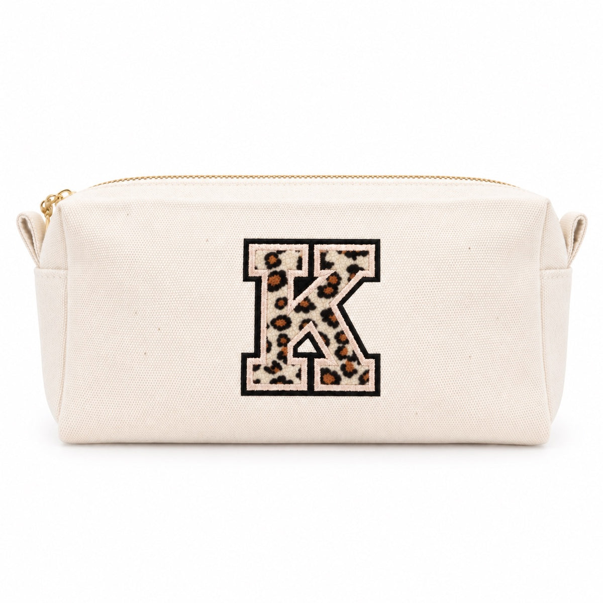 Kosmetiktasche mit Leo-Buchstaben A–Z oder Herz | Baumwolle Make-up Tasche S & L | Beige & Schwarz | Personalisiertes Geschenk für Frauen Kulturbeutel Reiseorganizer
