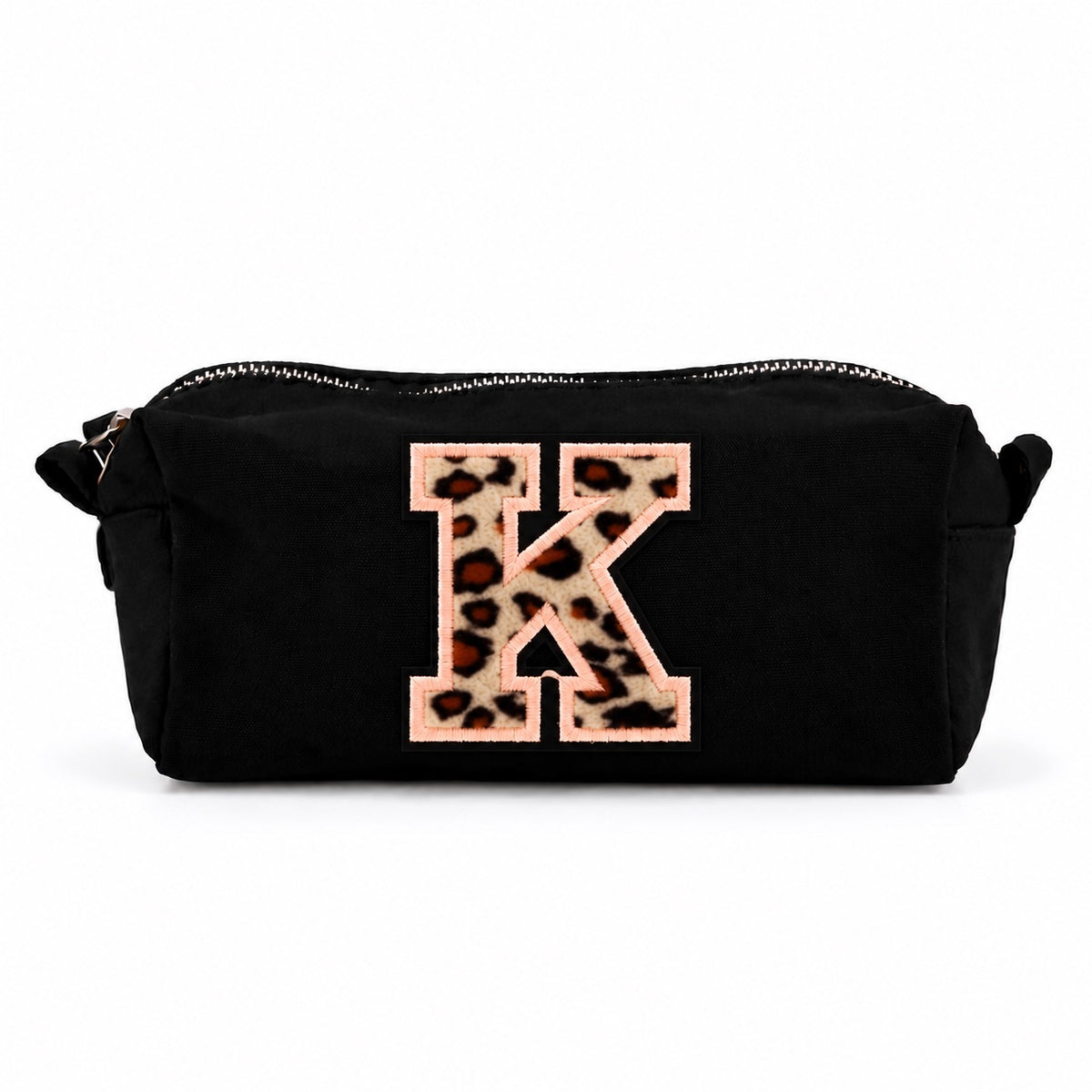 Kosmetiktasche mit Leo-Buchstaben A–Z oder Herz | Baumwolle Make-up Tasche S & L | Beige & Schwarz | Personalisiertes Geschenk für Frauen Kulturbeutel Reiseorganizer