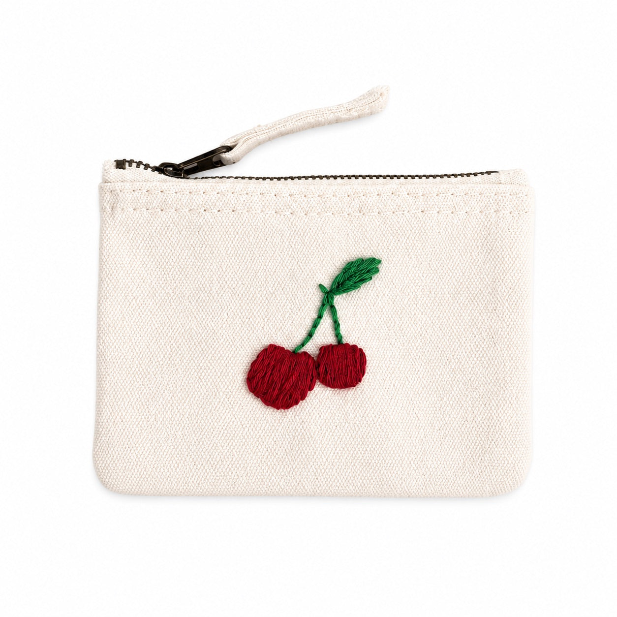 beige Handbestickte Geldbörse mit Kirsche – Baumwolle Münztasche Geldbeutel