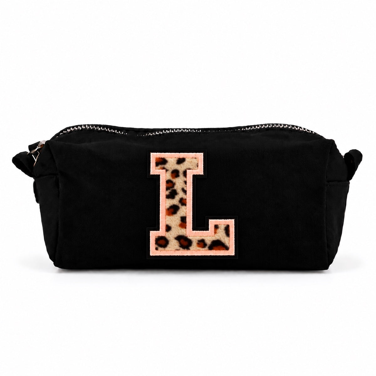 Kosmetiktasche mit Leo-Buchstaben A–Z oder Herz | Baumwolle Make-up Tasche S & L | Beige & Schwarz | Personalisiertes Geschenk für Frauen Kulturbeutel Reiseorganizer