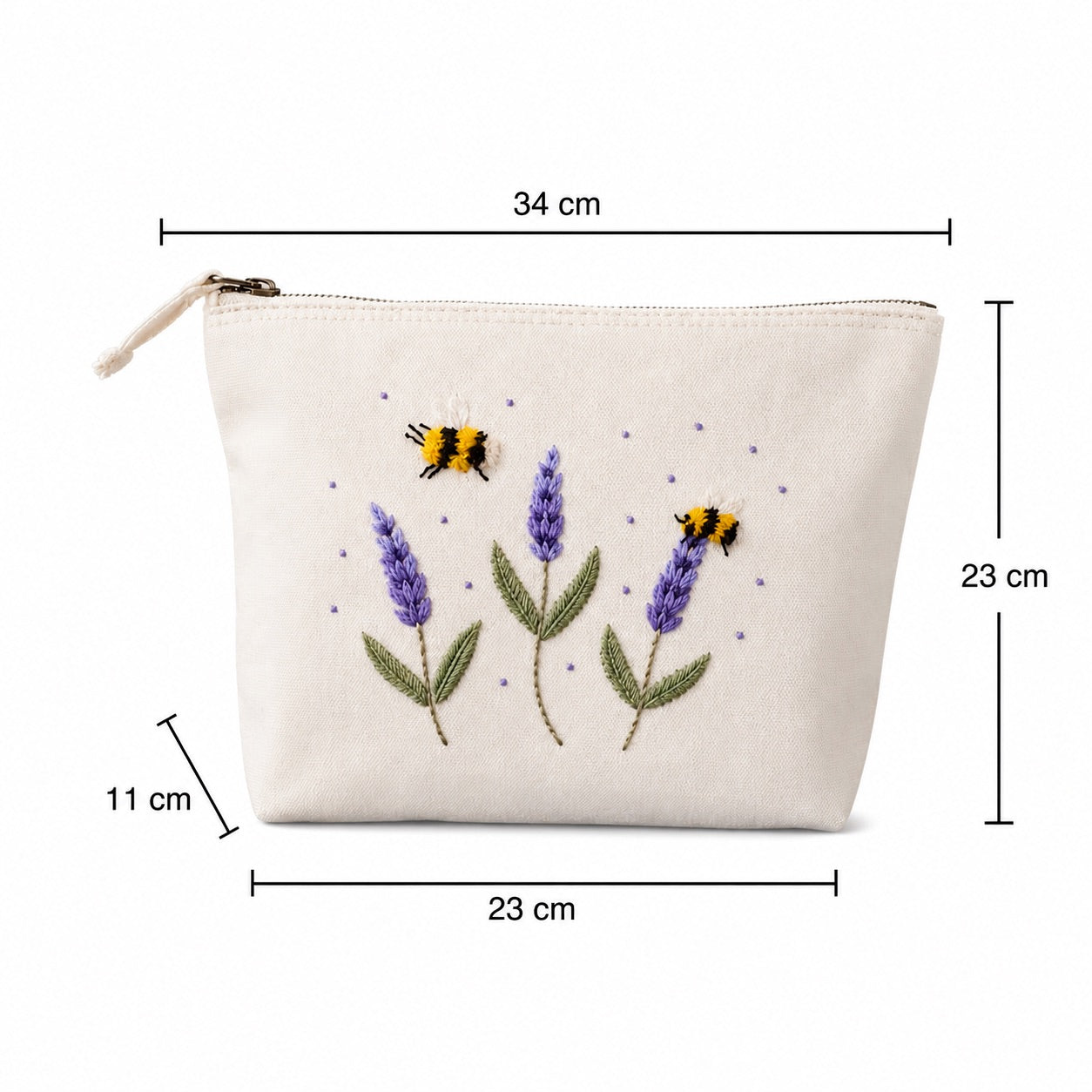 Handbestickte Canvas Kosmetiktasche Damen – Lavendel & Hummel Stickerei – Hochwertige Schminktasche aus Baumwolle mit Reißverschluss – Kulturbeutel Reise Organizer – Handmade Geschenk für Frauen