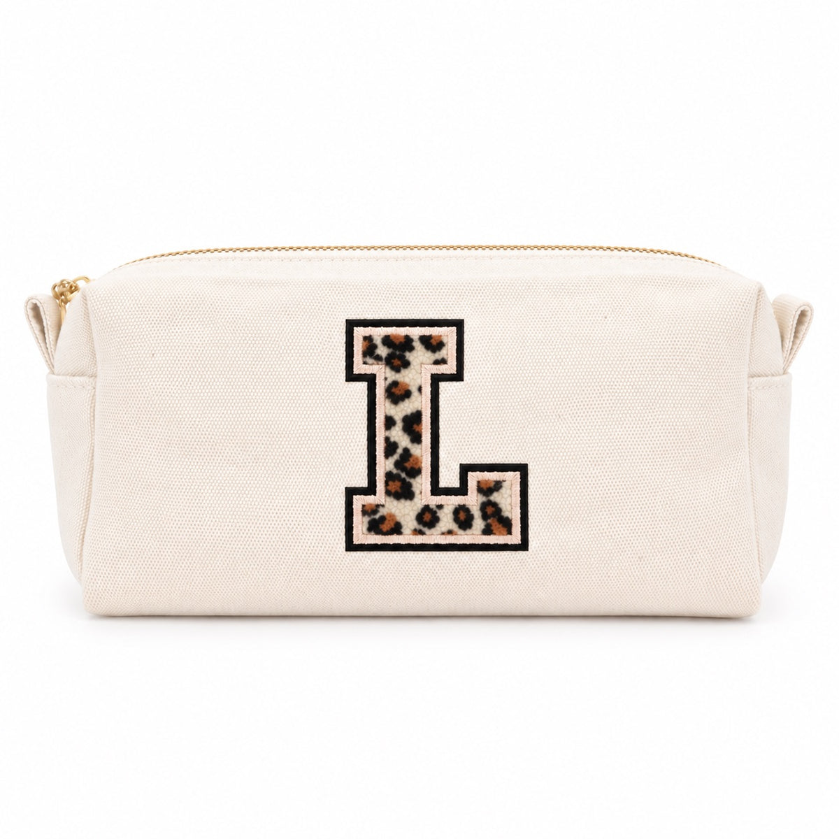 Kosmetiktasche mit Leo-Buchstaben A–Z oder Herz | Baumwolle Make-up Tasche S & L | Beige & Schwarz | Personalisiertes Geschenk für Frauen Kulturbeutel Reiseorganizer