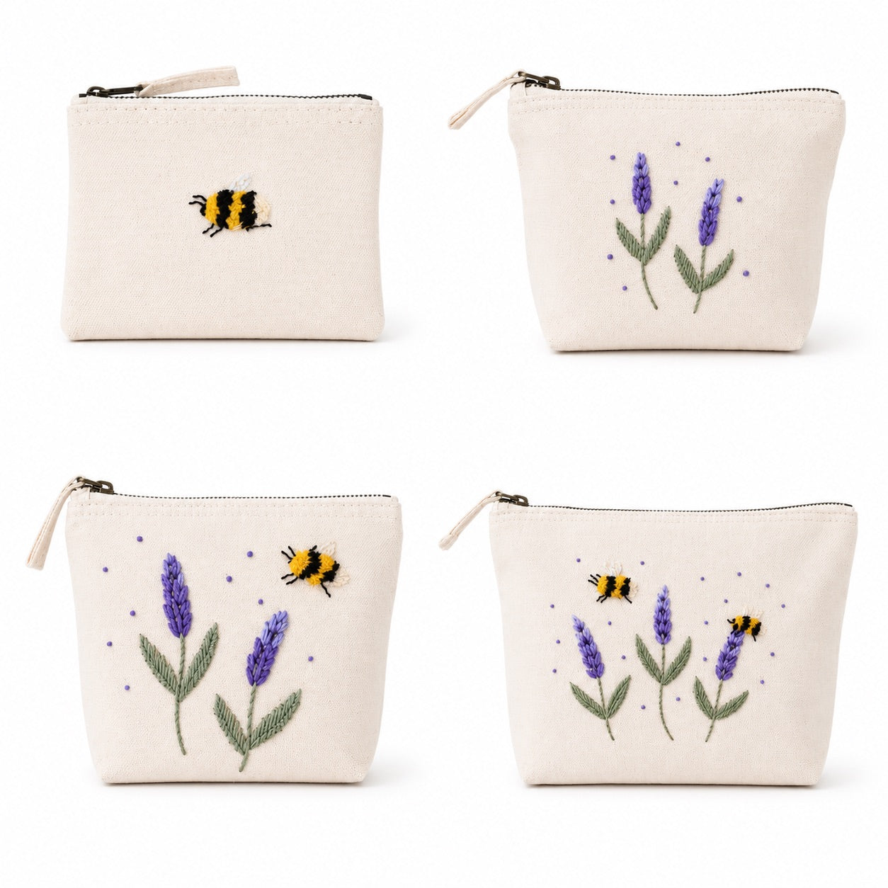Handbestickte Canvas Kosmetiktasche Damen – Lavendel & Hummel Stickerei – Hochwertige Schminktasche aus Baumwolle mit Reißverschluss – Kulturbeutel Reise Organizer – Handmade Geschenk für Frauen