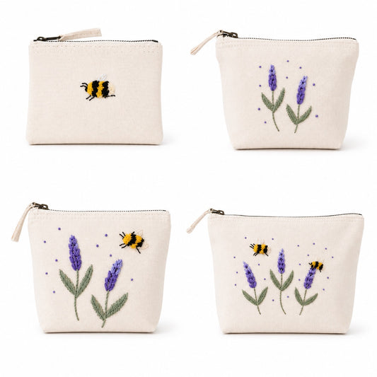Handbestickte Canvas Kosmetiktasche Damen – Lavendel & Hummel Stickerei – Hochwertige Schminktasche aus Baumwolle mit Reißverschluss – Kulturbeutel Reise Organizer – Handmade Geschenk für Frauen