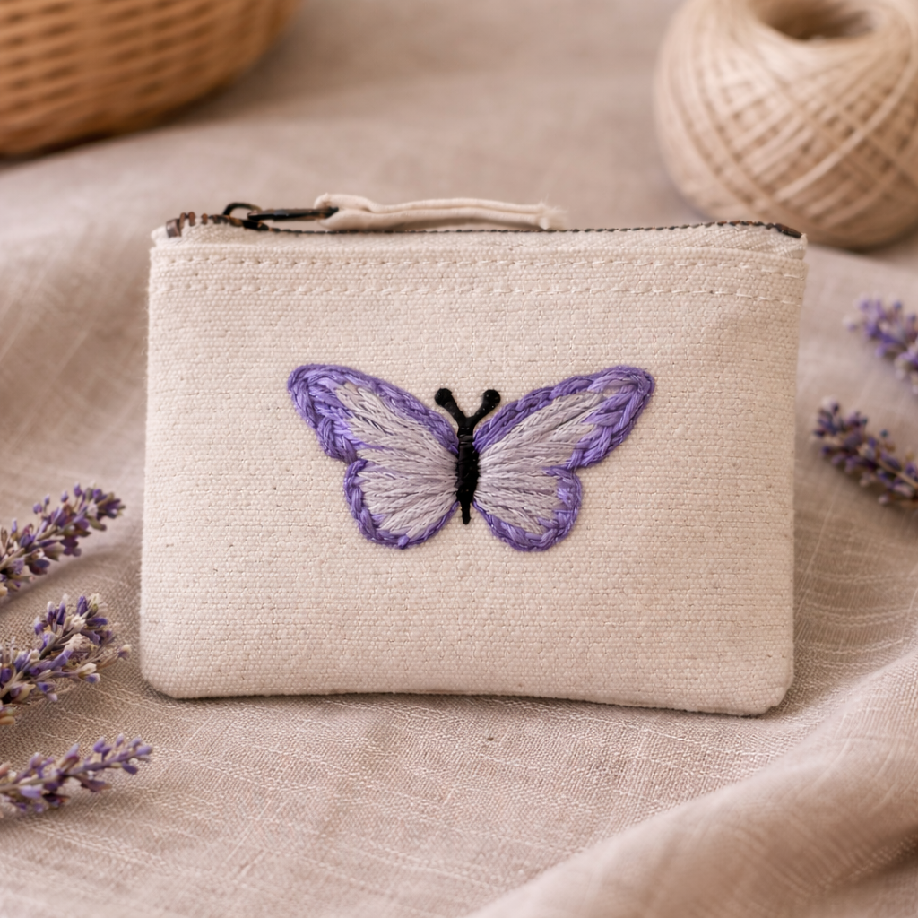 Handbestickte Geldbörse mit Schmetterling – Baumwolle Münztasche Geldbeutel Grün Blau Lila Gelb Braun