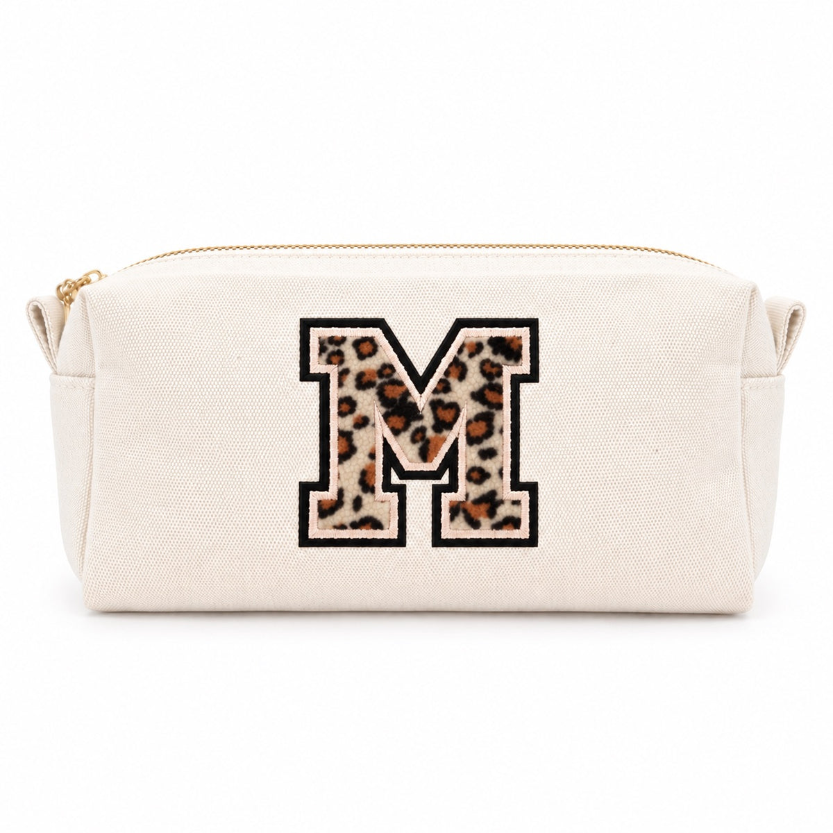 Kosmetiktasche mit Leo-Buchstaben A–Z oder Herz | Baumwolle Make-up Tasche S & L | Beige & Schwarz | Personalisiertes Geschenk für Frauen Kulturbeutel Reiseorganizer