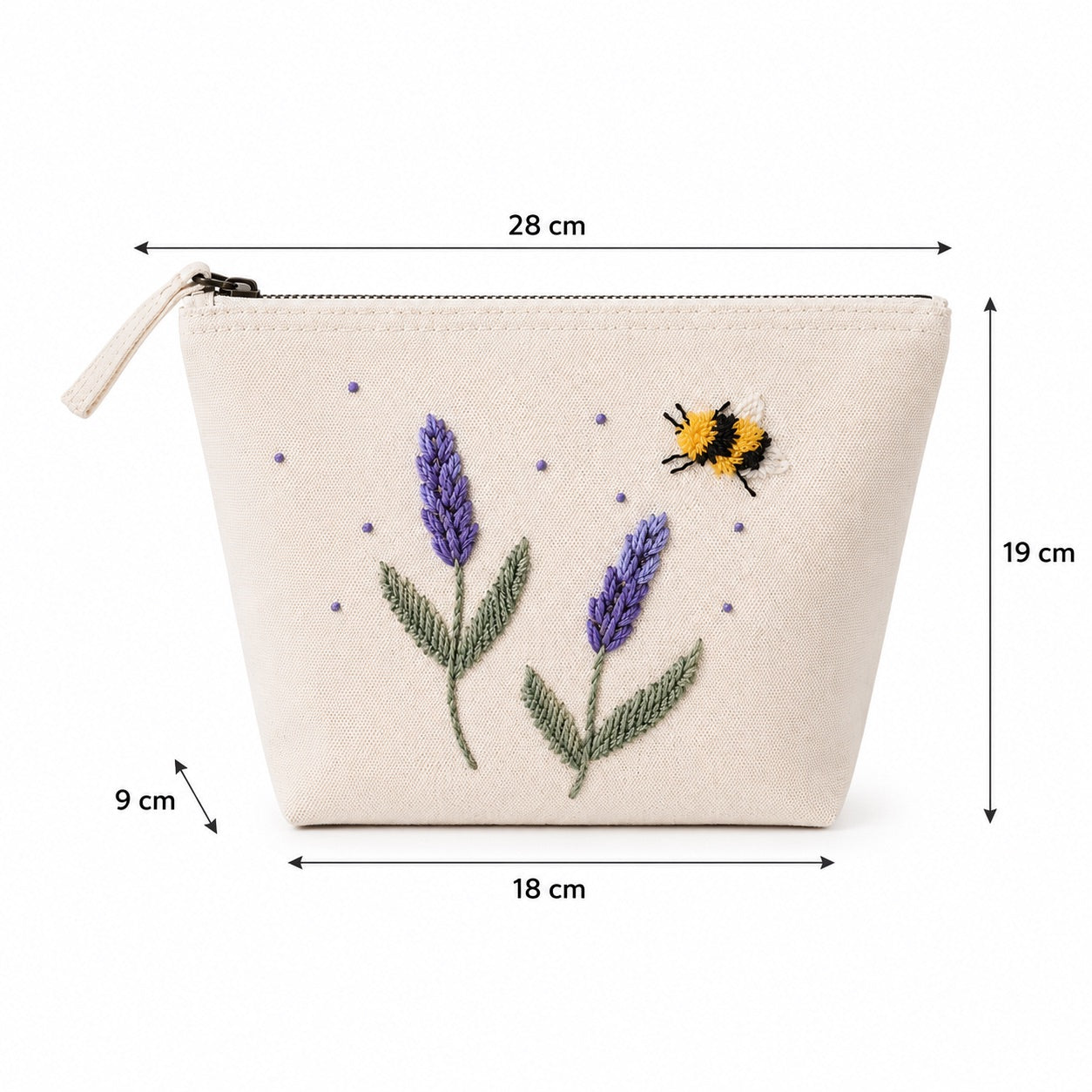 Handbestickte Canvas Kosmetiktasche Damen – Lavendel & Hummel Stickerei – Hochwertige Schminktasche aus Baumwolle mit Reißverschluss – Kulturbeutel Reise Organizer – Handmade Geschenk für Frauen