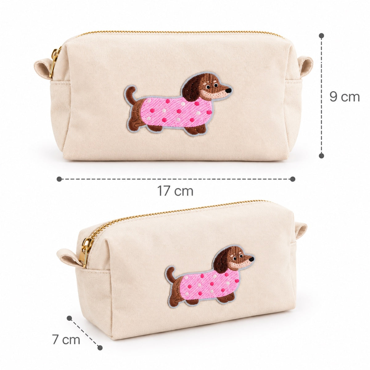 Kosmetiktasche S aus Baumwolle mit Dackel – Beige Make-up Tasche mit Reißverschluss, Kulturbeutel, Reiseorganizer & Geschenk für Frauen