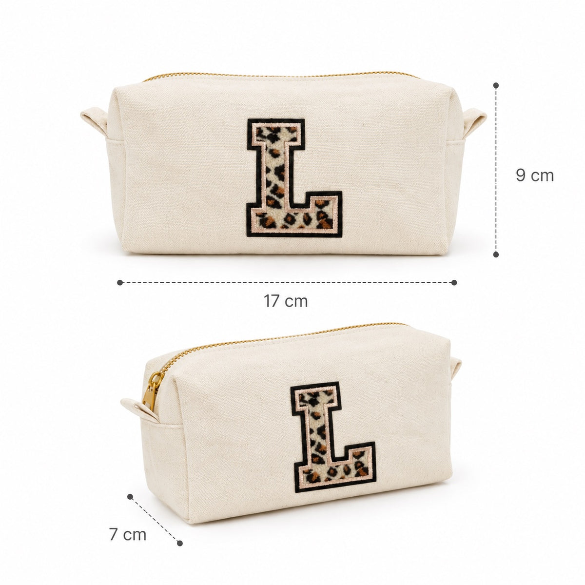 Kosmetiktasche mit Leo-Buchstaben A–Z oder Herz | Baumwolle Make-up Tasche S & L | Beige & Schwarz | Personalisiertes Geschenk für Frauen Kulturbeutel Reiseorganizer