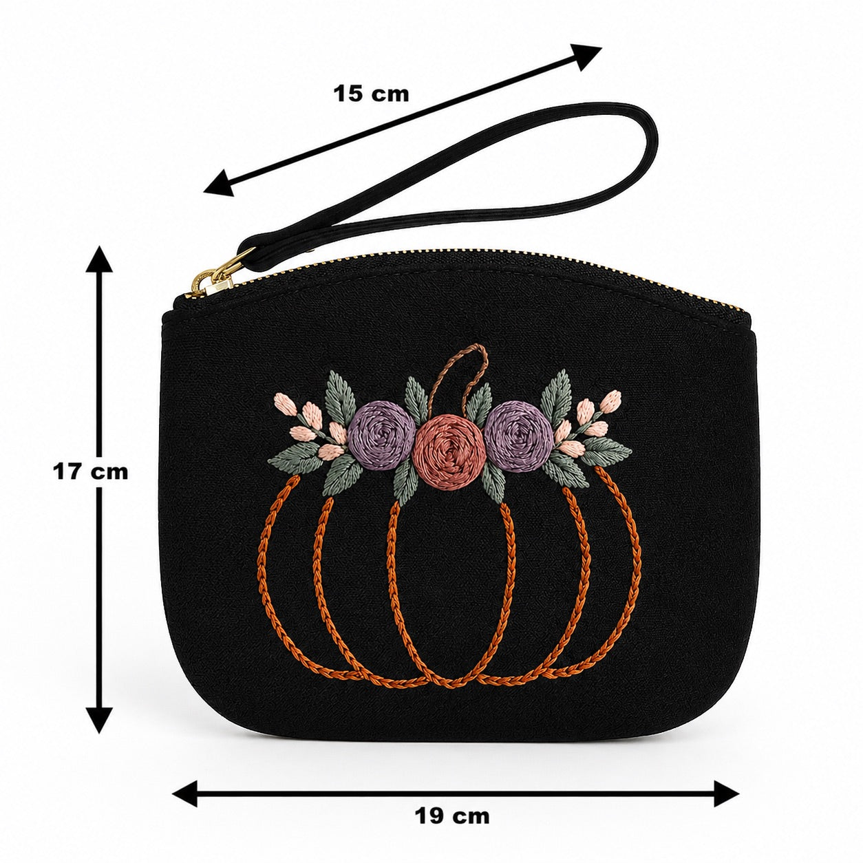 Damen Clutch Schwarz handbestickt – Kürbis mit Blumen – Handgelenktasche Kosmetiktasche Abendtasche Handmade Geschenkidee