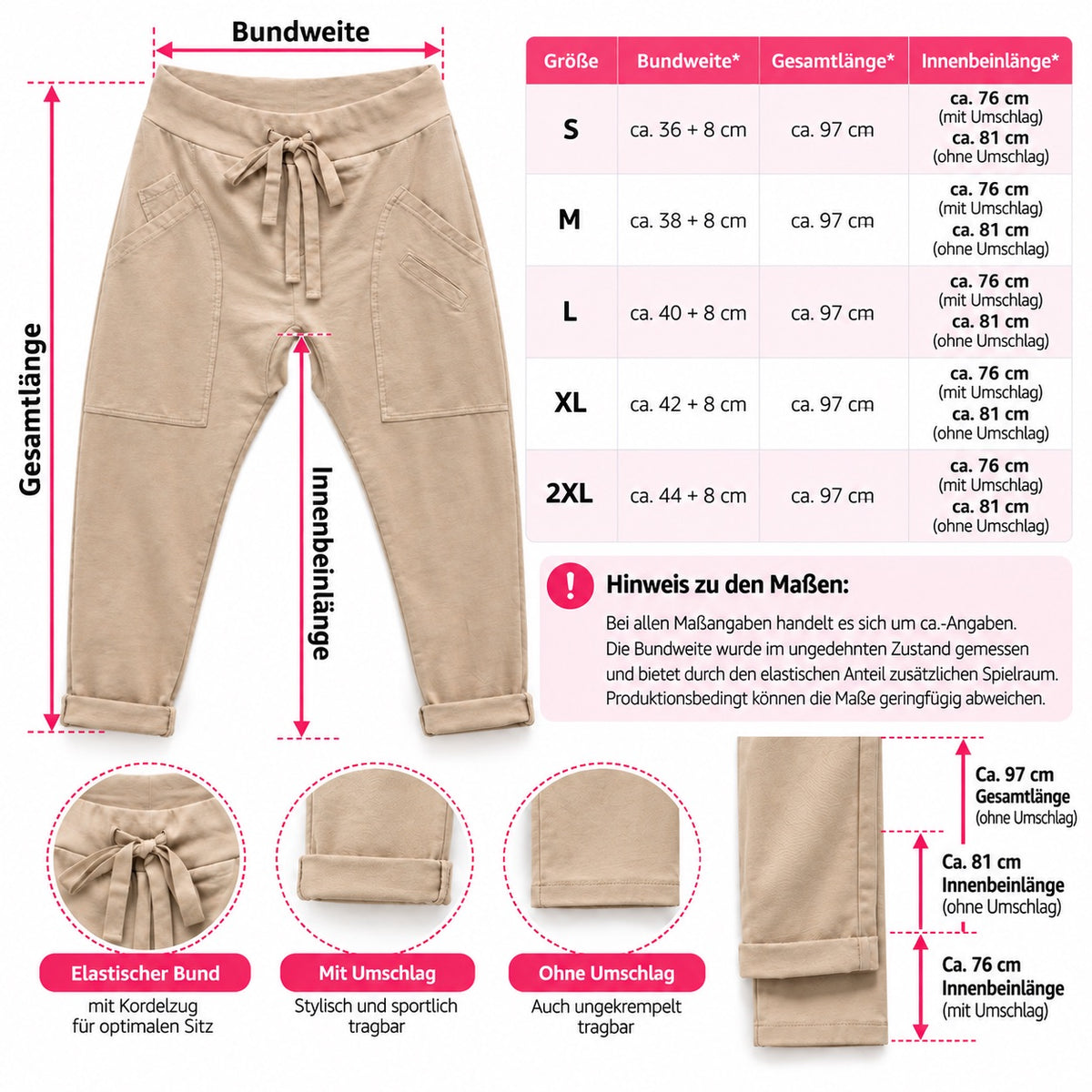 WENDY TRENDY Damen Jogpants Baggy Hose Jogger große Taschen Baumwolle Made in Italy S-XXL