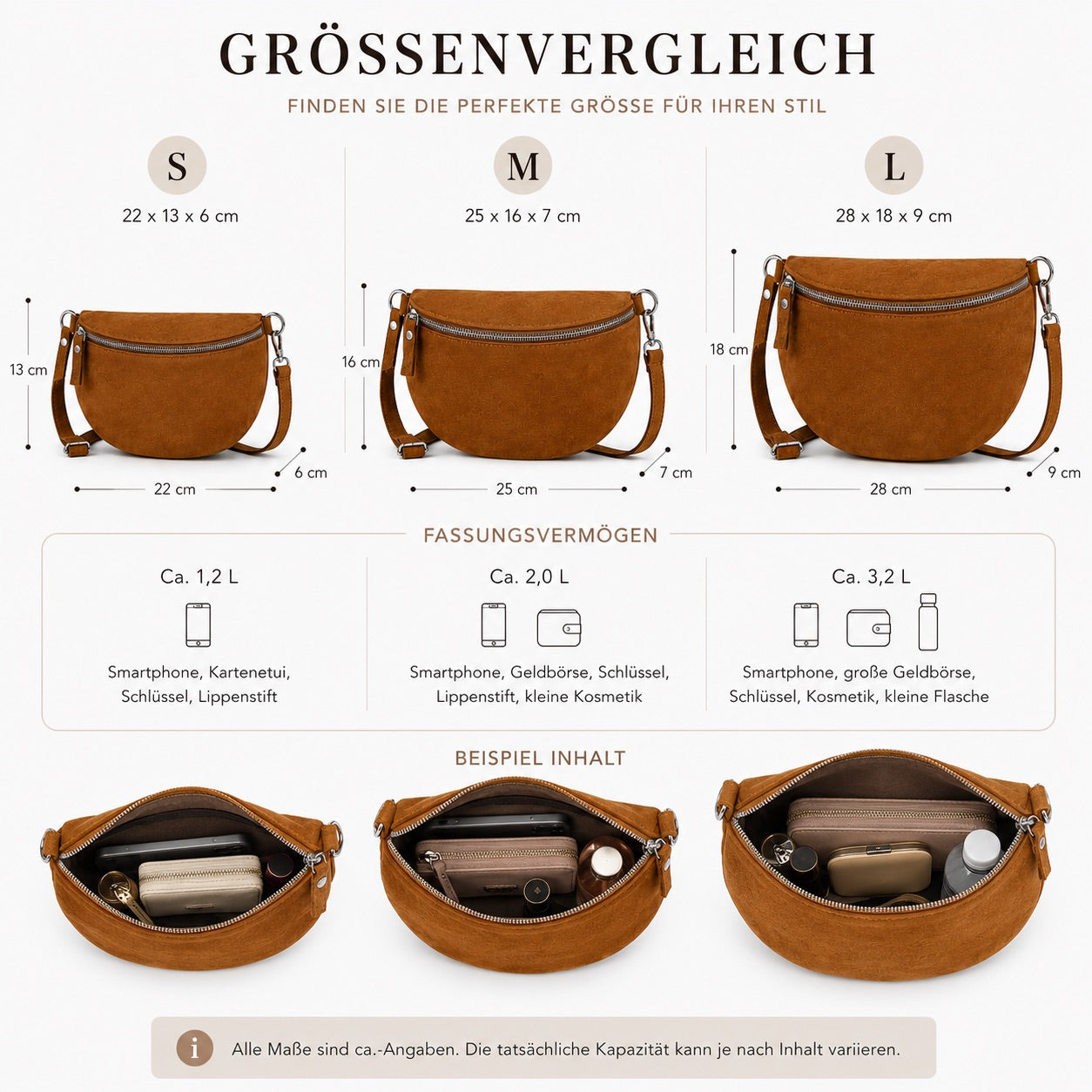 Damen Wildleder Crossbody Bag BASIC – Bauchtasche, Gürteltasche, Schulter- & Umhängetasche – S–L Beige Braun Schwarz