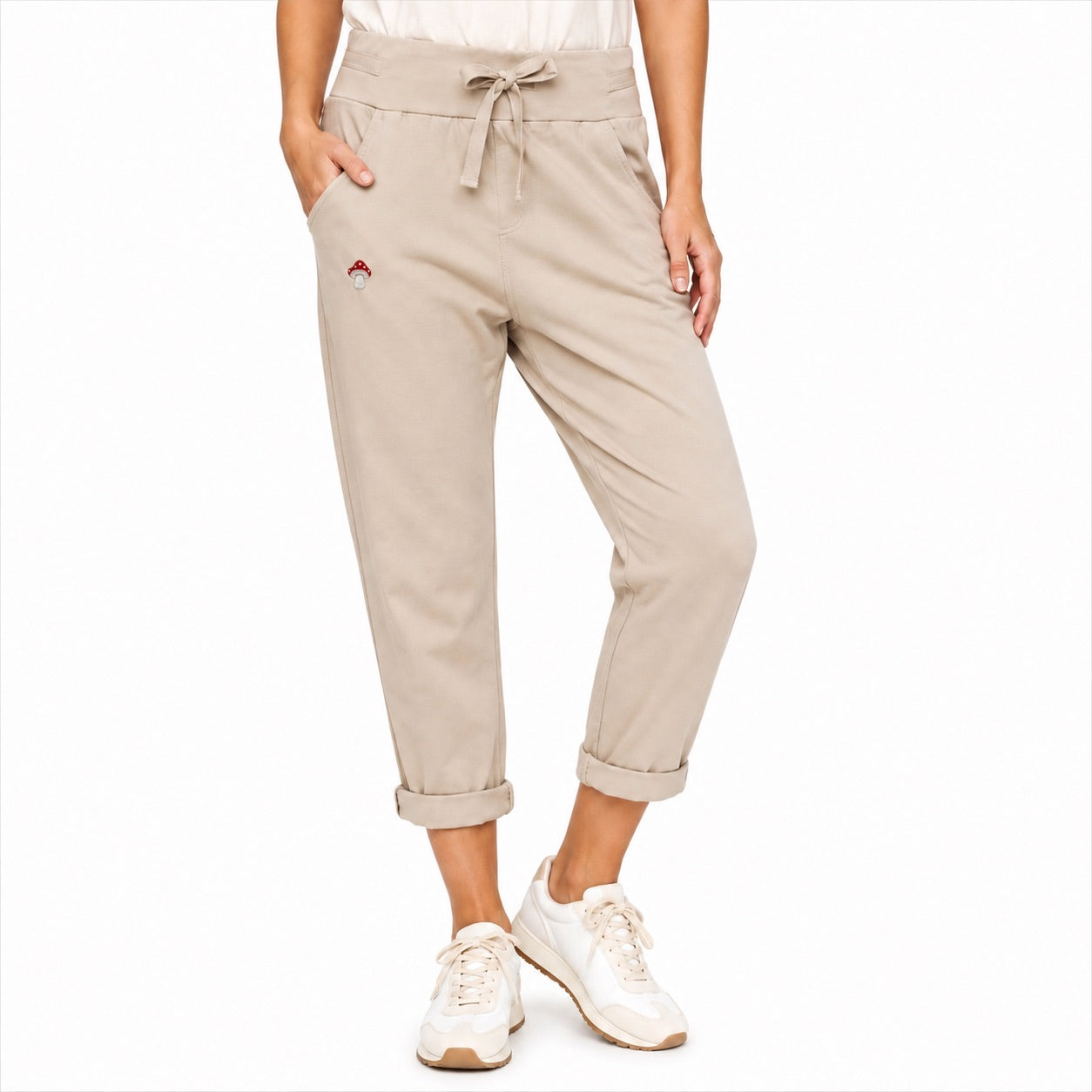 Damen Jogpants Baggy Hose Glückspilz Handstickerei Baumwolle S–XXL Beige Braun Taupe Schwarz
