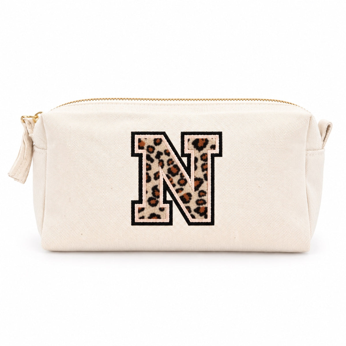 Kosmetiktasche mit Leo-Buchstaben A–Z oder Herz | Baumwolle Make-up Tasche S & L | Beige & Schwarz | Personalisiertes Geschenk für Frauen Kulturbeutel Reiseorganizer
