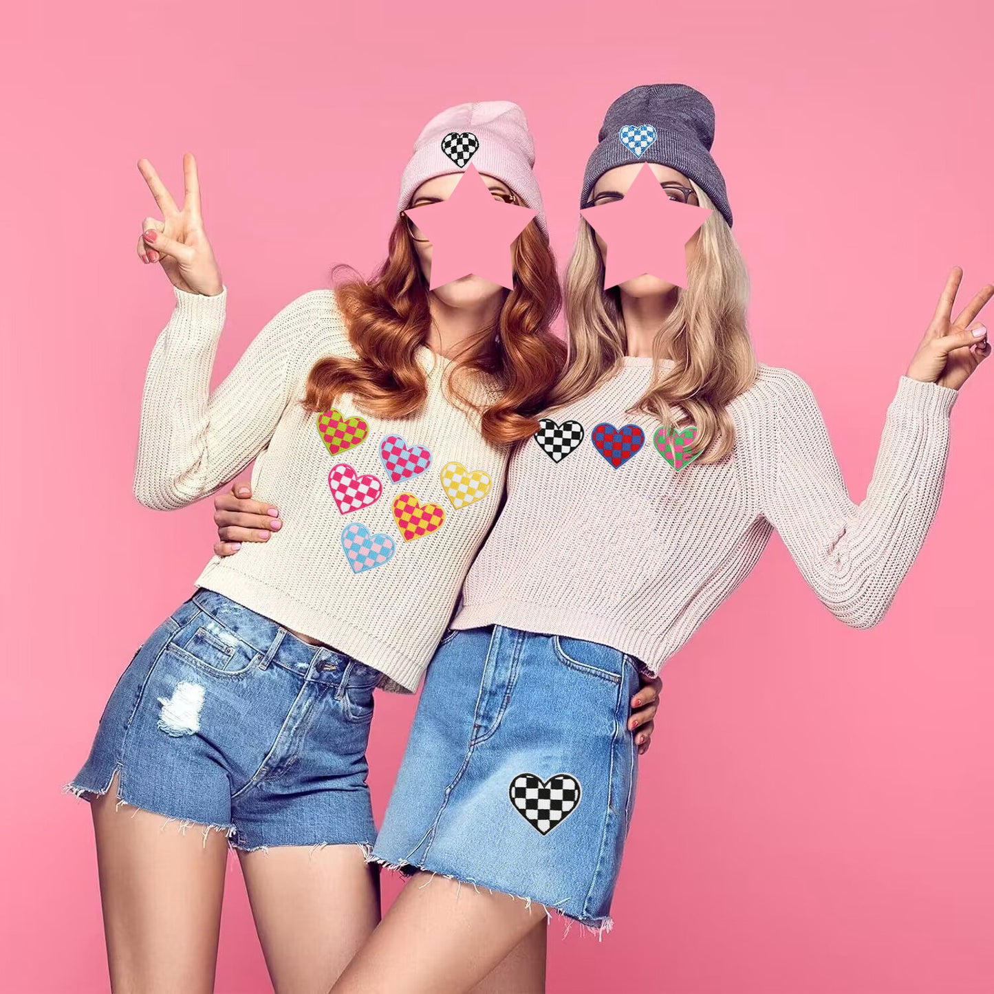 Herz Patch Karo Muster Applikation – Aufbügeln, DIY Bekleidung Taschen Deko