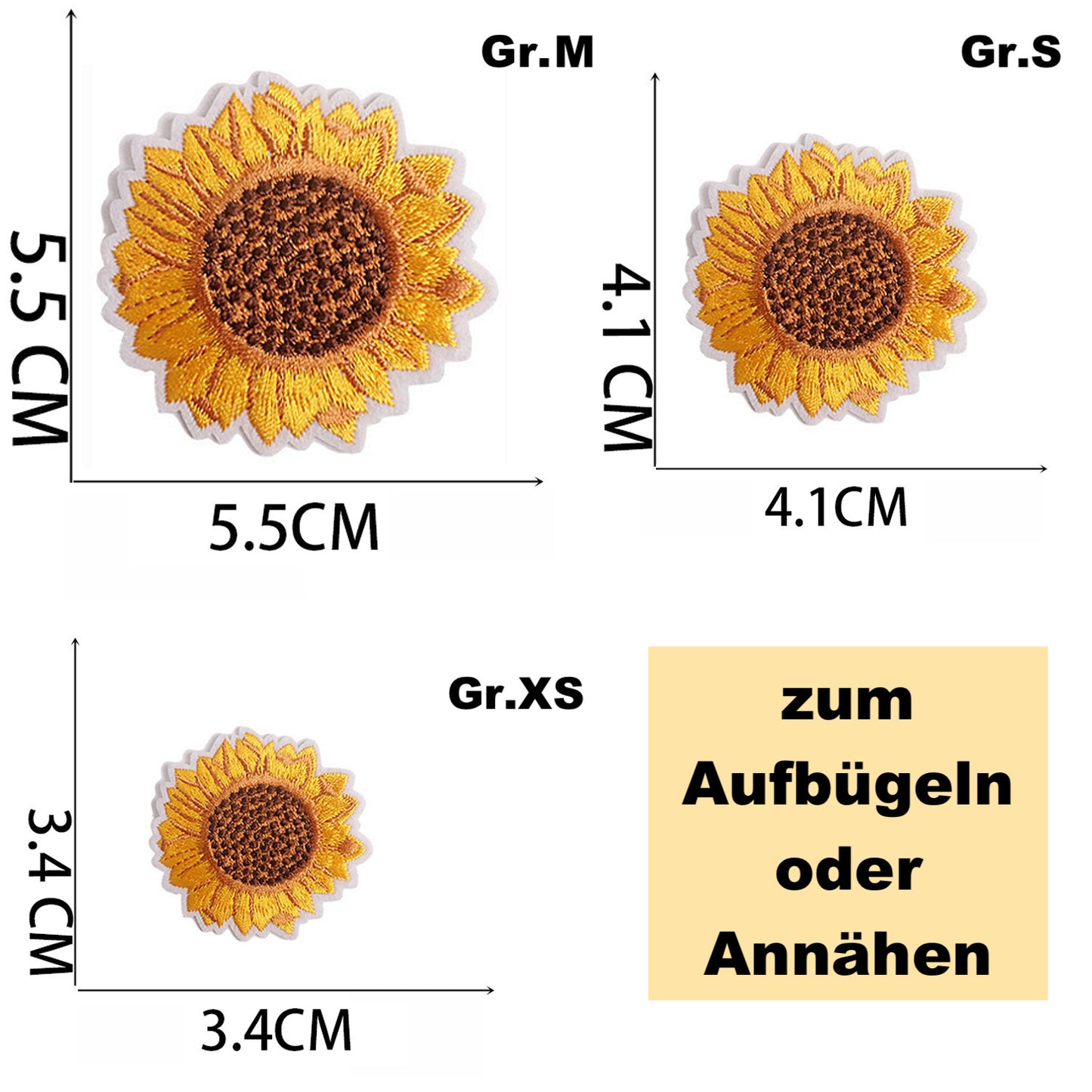 Sonnenblumen-Patch Stickerei – Goldgelb | Zum Aufbügeln oder Annähen | 3 Größen