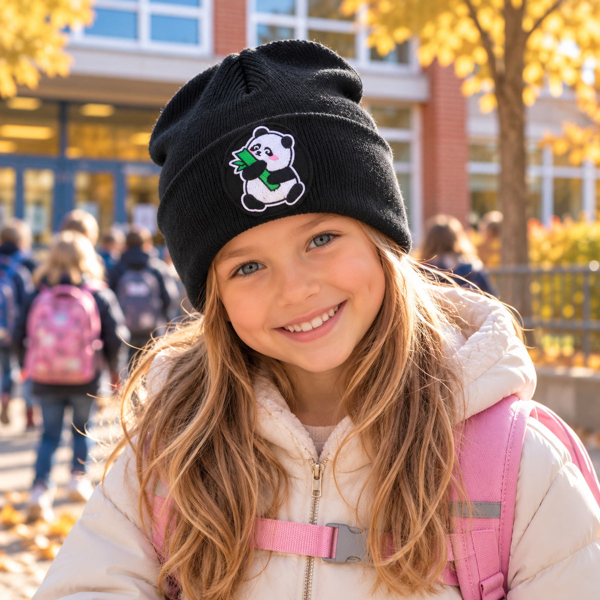 Bamboo Panda Face Beanie Schwarz – Warme Unisex Mütze für Kinder Schüler Damen Grau