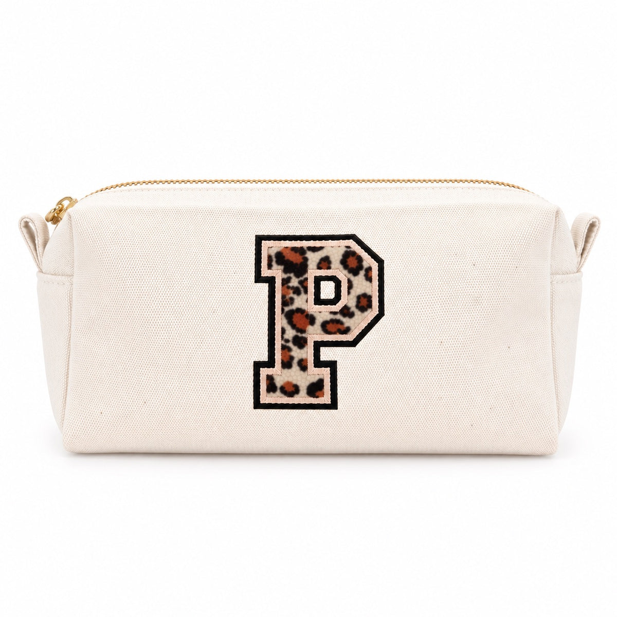 Kosmetiktasche mit Leo-Buchstaben A–Z oder Herz | Baumwolle Make-up Tasche S & L | Beige & Schwarz | Personalisiertes Geschenk für Frauen Kulturbeutel Reiseorganizer