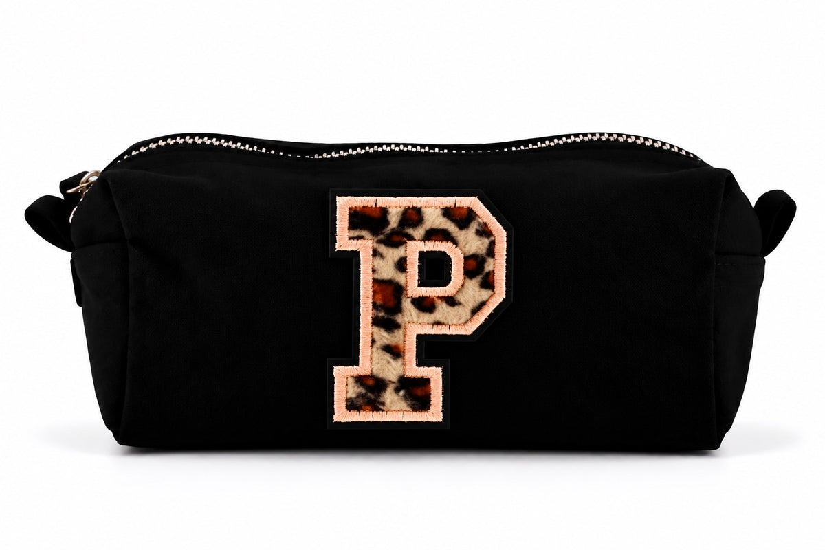 Kosmetiktasche mit Leo-Buchstaben A–Z oder Herz | Baumwolle Make-up Tasche S & L | Beige & Schwarz | Personalisiertes Geschenk für Frauen Kulturbeutel Reiseorganizer