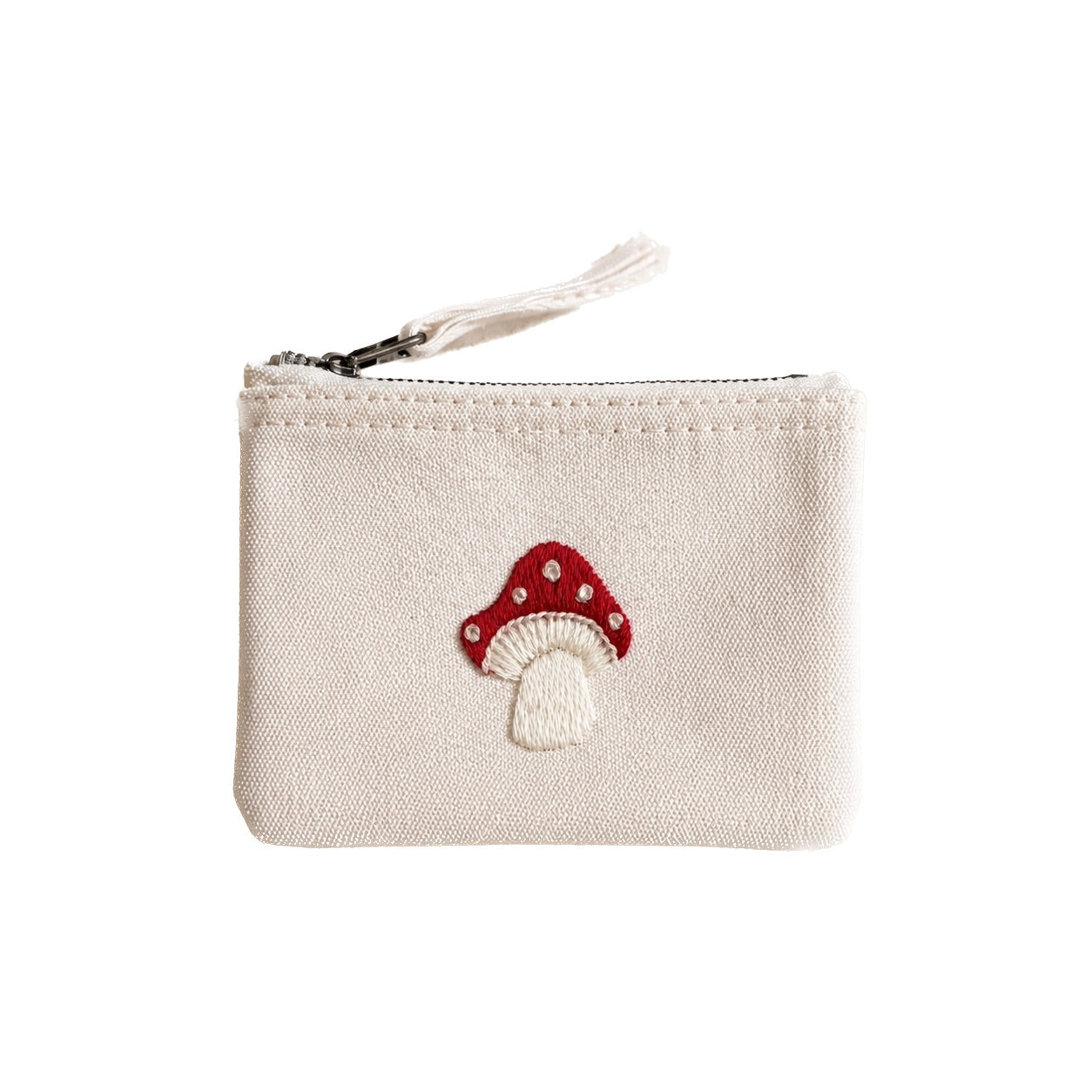 Handbestickte Geldbörse Glückspilz – Beige Baumwolle Münztasche Geldbeutel Portemonnaie – Handmade