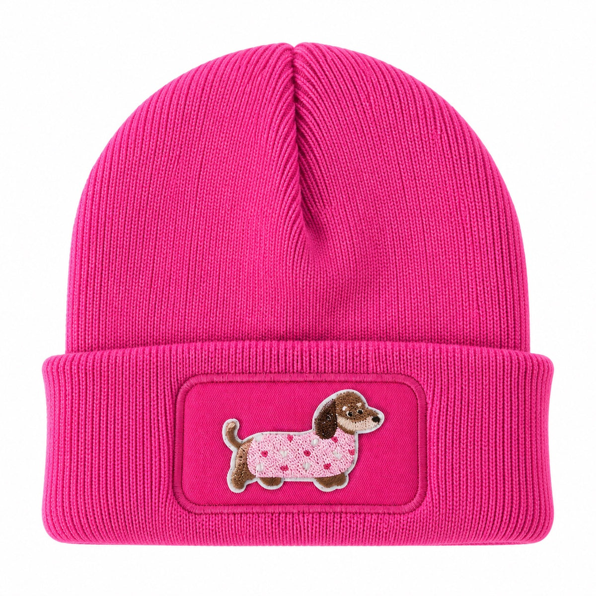 Beanie Mütze mit Dackel Patch – Handveredelte Unisex Strickmütze mit Umschlag – 100 % Polyacryl Soft Touch – Weich & Warm – für Damen & Herren