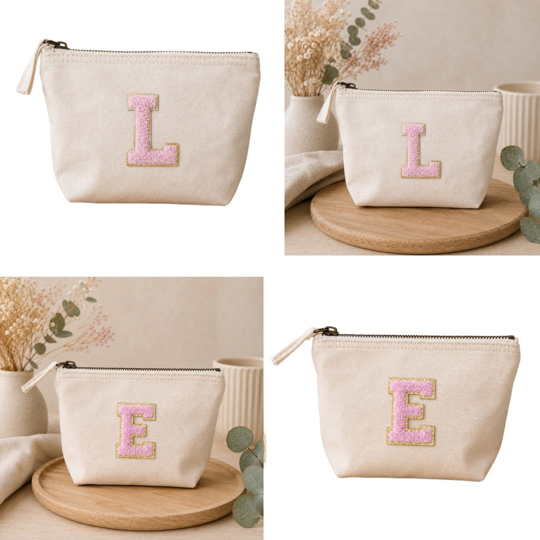 Rosa Initiale Beige Kosmetiktasche S • A–Z • Reise & Geschenkidee Buchstaben