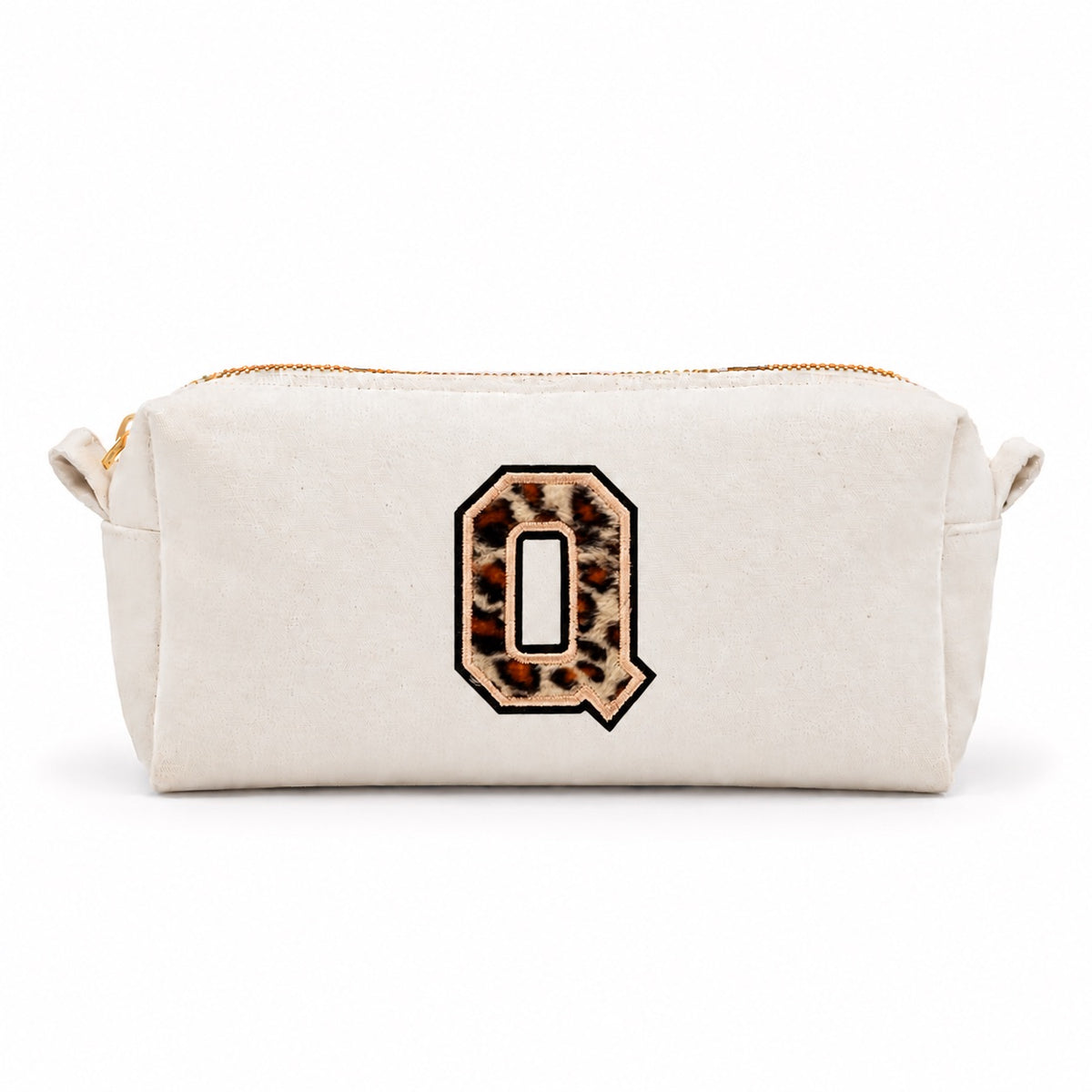 Kosmetiktasche mit Leo-Buchstaben A–Z oder Herz | Baumwolle Make-up Tasche S & L | Beige & Schwarz | Personalisiertes Geschenk für Frauen Kulturbeutel Reiseorganizer