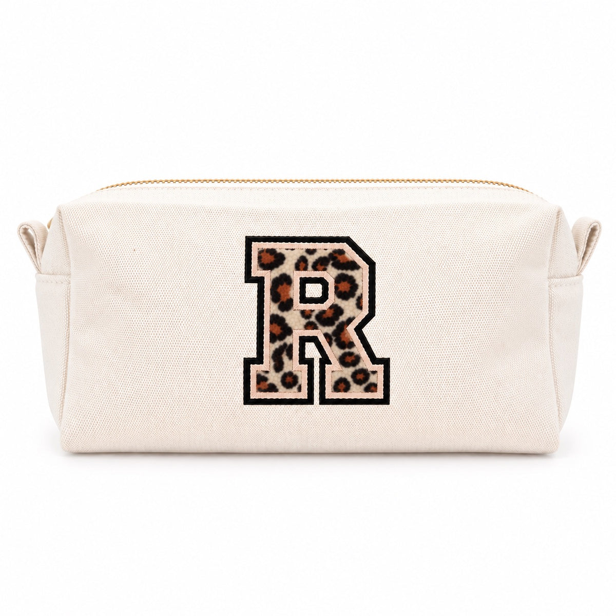 Kosmetiktasche mit Leo-Buchstaben A–Z oder Herz | Baumwolle Make-up Tasche S & L | Beige & Schwarz | Personalisiertes Geschenk für Frauen Kulturbeutel Reiseorganizer