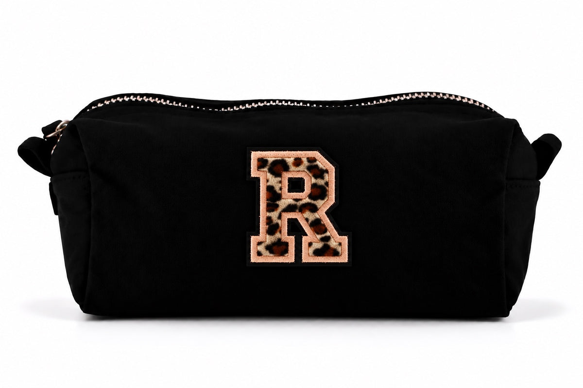 Kosmetiktasche mit Leo-Buchstaben A–Z oder Herz | Baumwolle Make-up Tasche S & L | Beige & Schwarz | Personalisiertes Geschenk für Frauen Kulturbeutel Reiseorganizer