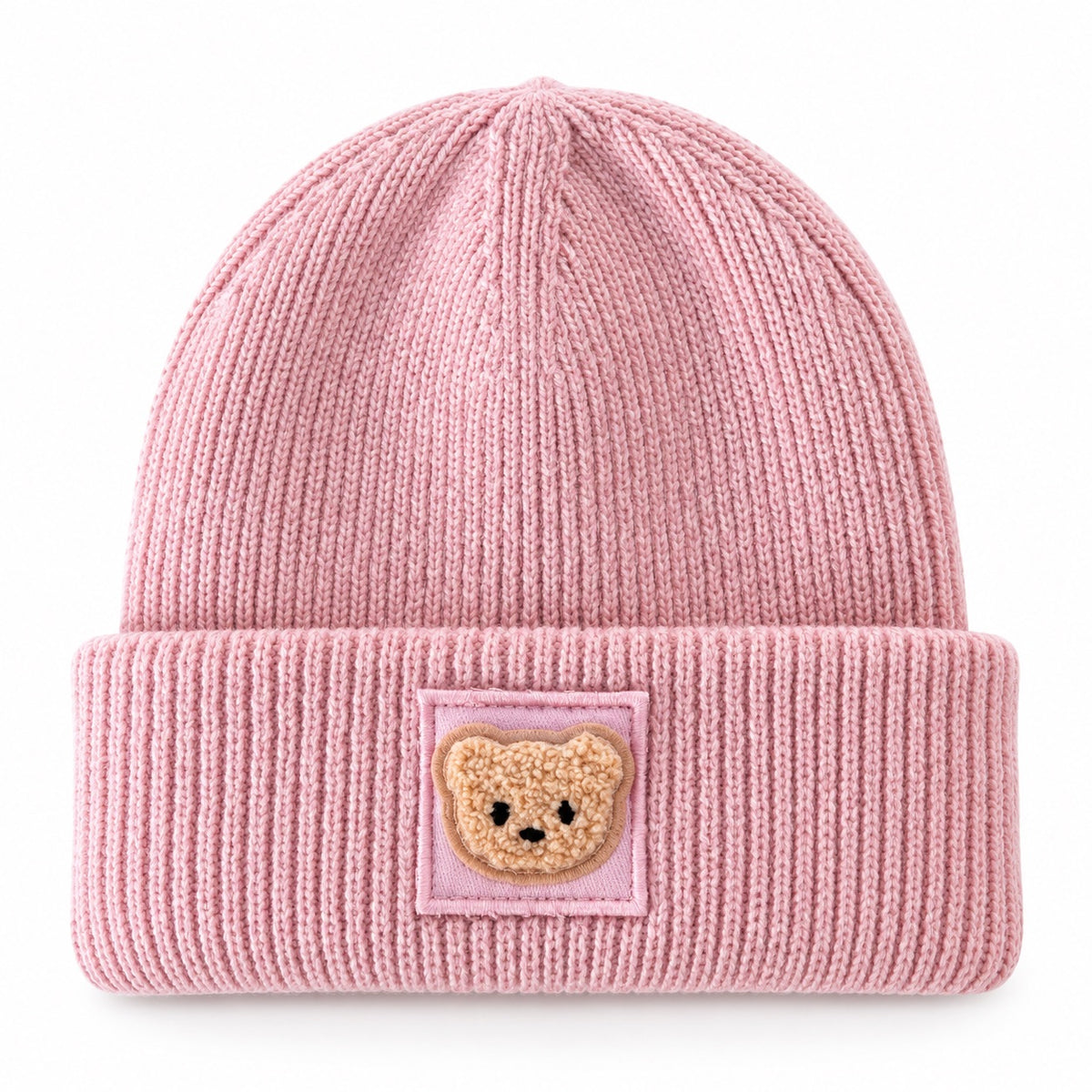 Kinder Beanie mit Teddy Bär Patch – Nachhaltige warme Mütze, handveredelt, Rosa & Grau