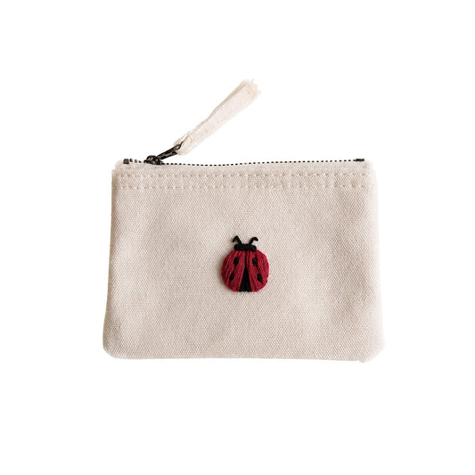 beige Handbestickte Geldbörse mit Marienkäfer – Baumwolle Münztasche Geldbeutel