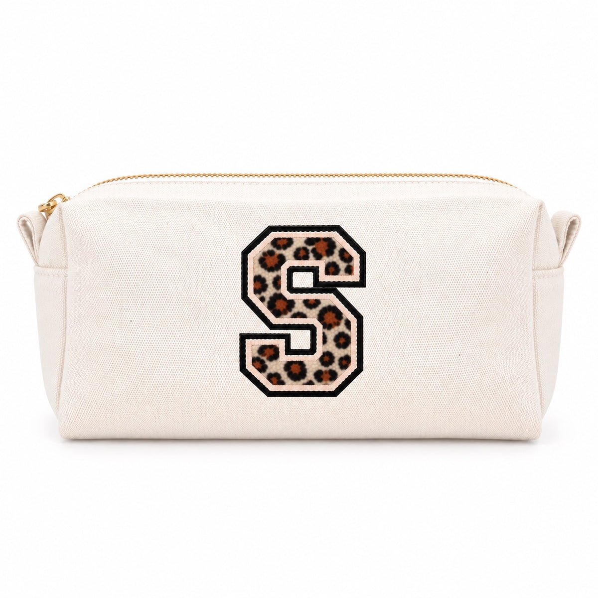 Kosmetiktasche mit Leo-Buchstaben A–Z oder Herz | Baumwolle Make-up Tasche S & L | Beige & Schwarz | Personalisiertes Geschenk für Frauen Kulturbeutel Reiseorganizer