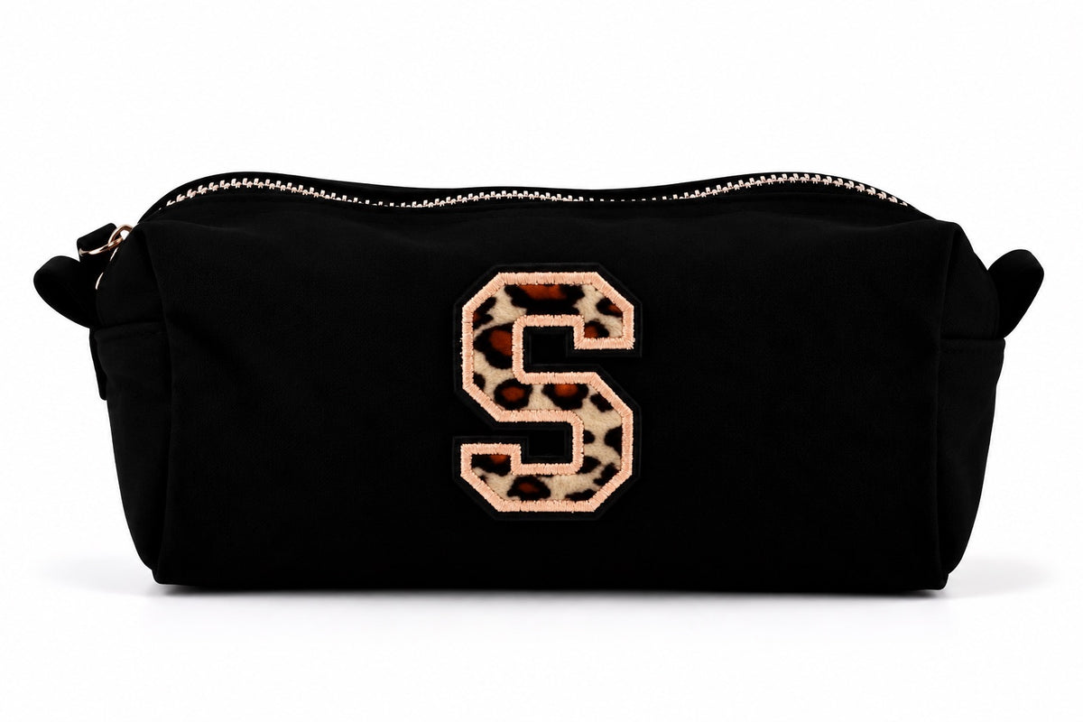 Kosmetiktasche mit Leo-Buchstaben A–Z oder Herz | Baumwolle Make-up Tasche S & L | Beige & Schwarz | Personalisiertes Geschenk für Frauen Kulturbeutel Reiseorganizer