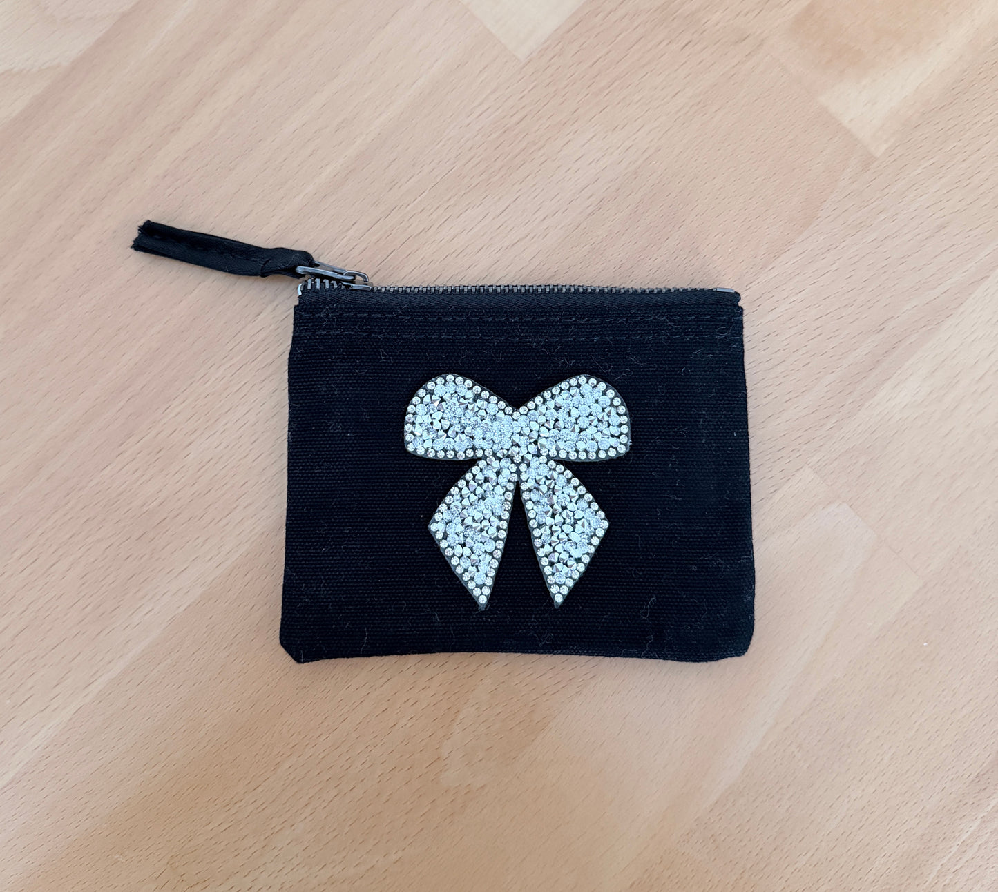 Baumwoll-Geldbörse XS Schwarz – Strass Schleife Motiv – Handarbeit Unikat