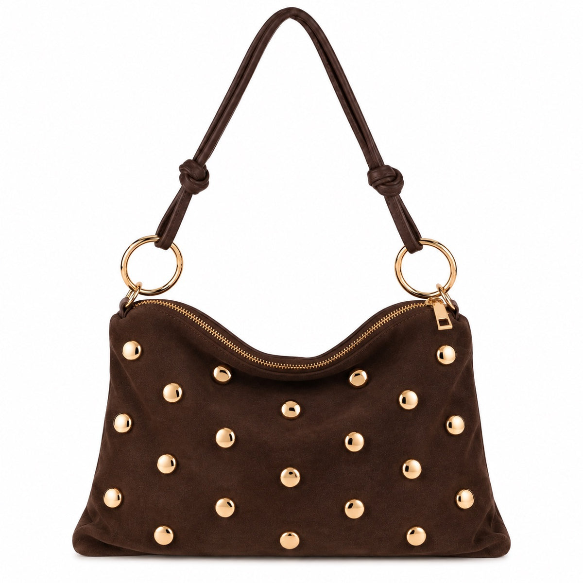 Damen Schultertasche Echt Wildleder mit goldfarbenen Nieten – Made in Italy – 2 Looks – Handtasche Crossbody S/L Tasche