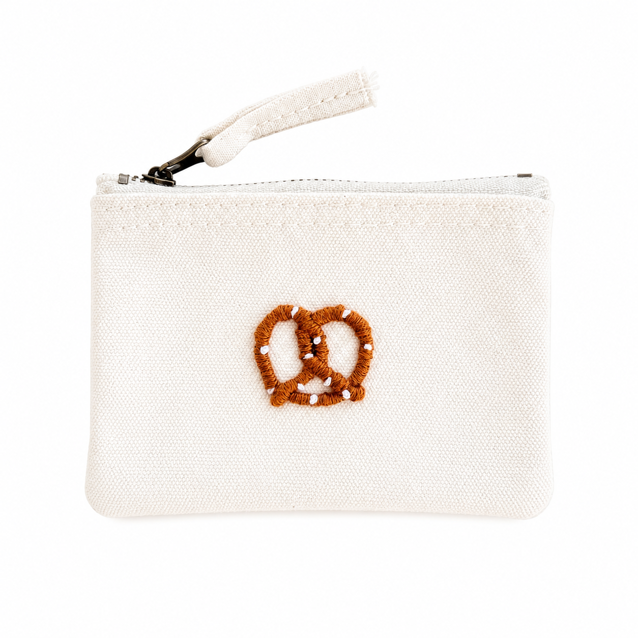 beige Handbestickte Geldbörse mit Brezel – Baumwolle Münztasche Geldbeutel