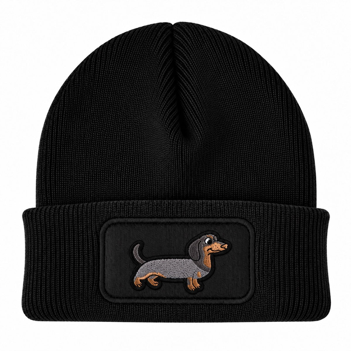 Beanie Mütze mit Dackel Patch – Handveredelte Unisex Strickmütze mit Umschlag – 100 % Polyacryl Soft Touch – Weich & Warm – für Damen & Herren