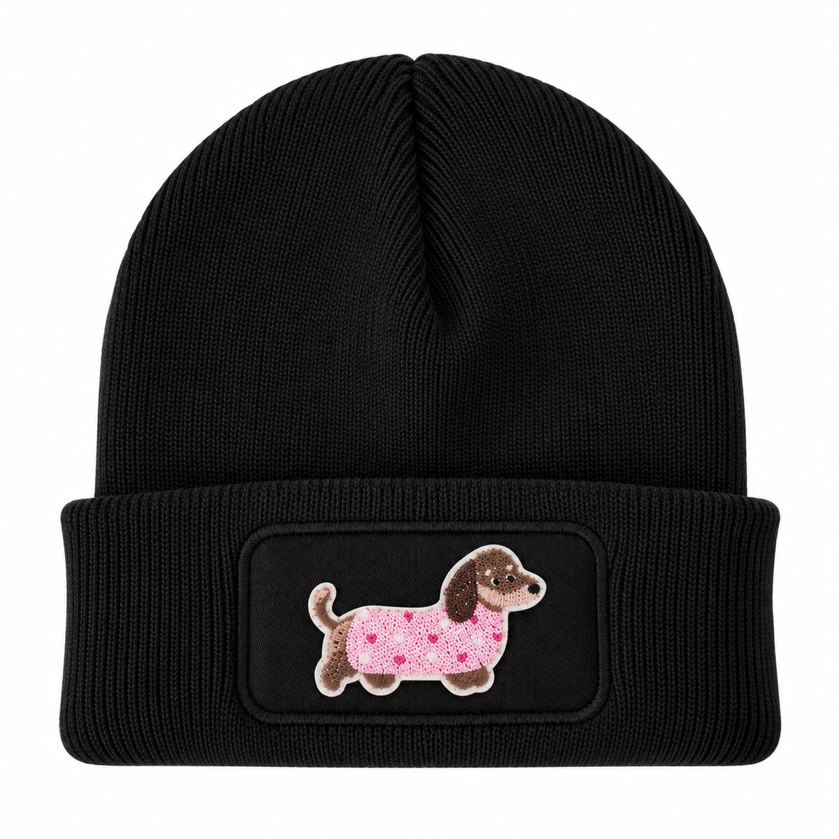 Beanie Mütze mit Dackel Patch – Handveredelte Unisex Strickmütze mit Umschlag – 100 % Polyacryl Soft Touch – Weich & Warm – für Damen & Herren