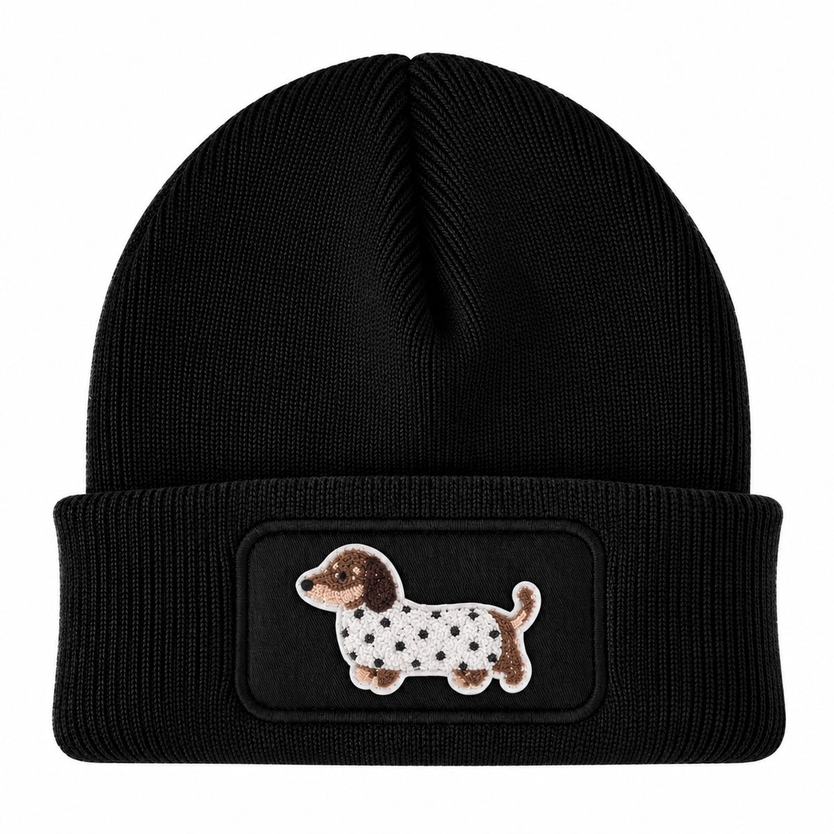 Beanie Mütze mit Dackel Patch – Handveredelte Unisex Strickmütze mit Umschlag – 100 % Polyacryl Soft Touch – Weich & Warm – für Damen & Herren
