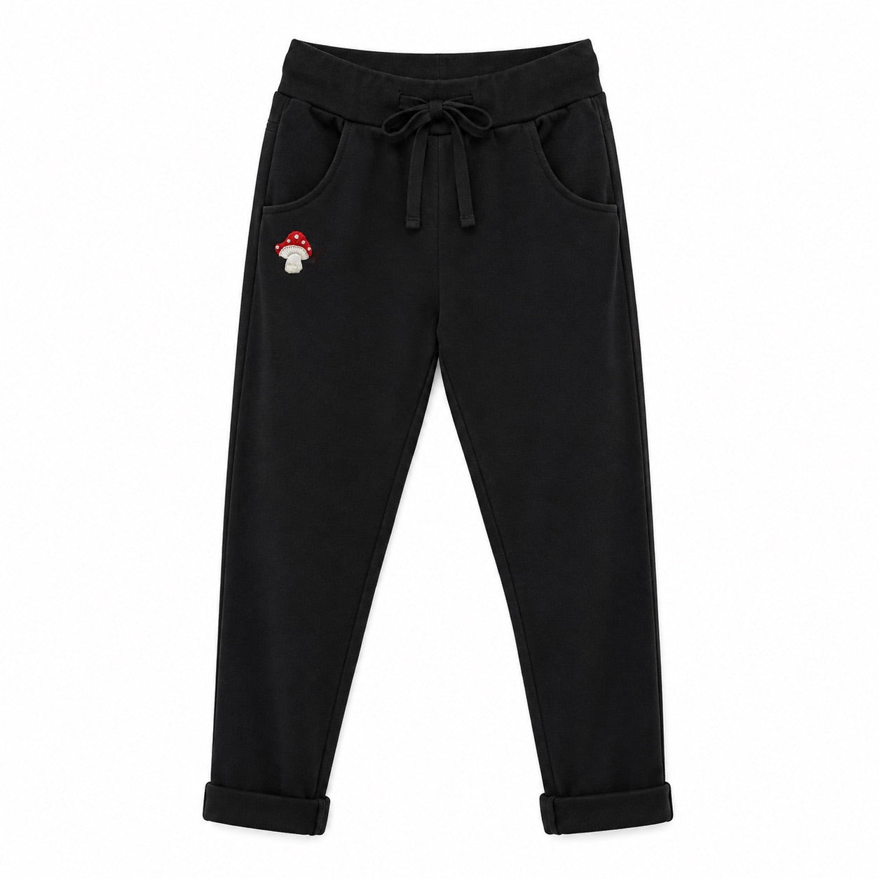 Damen Jogpants Baggy Hose Glückspilz Handstickerei Baumwolle S–XXL Beige Braun Taupe Schwarz