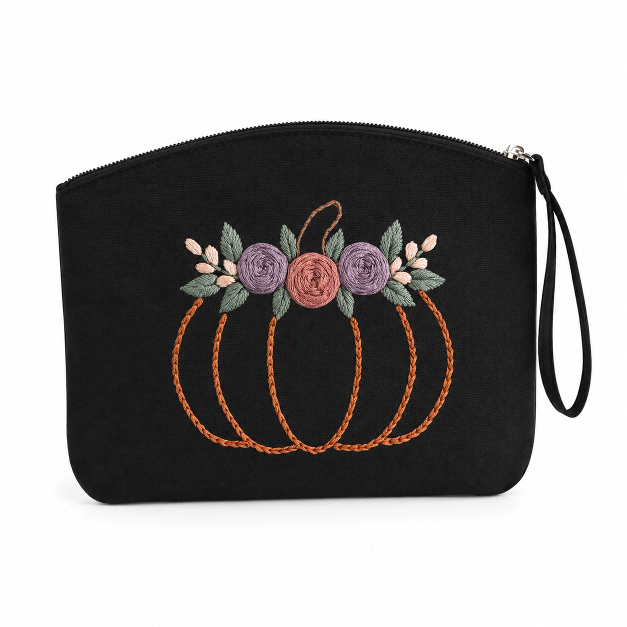 Damen Clutch Schwarz handbestickt – Kürbis mit Blumen – Handgelenktasche Kosmetiktasche Abendtasche Handmade Geschenkidee