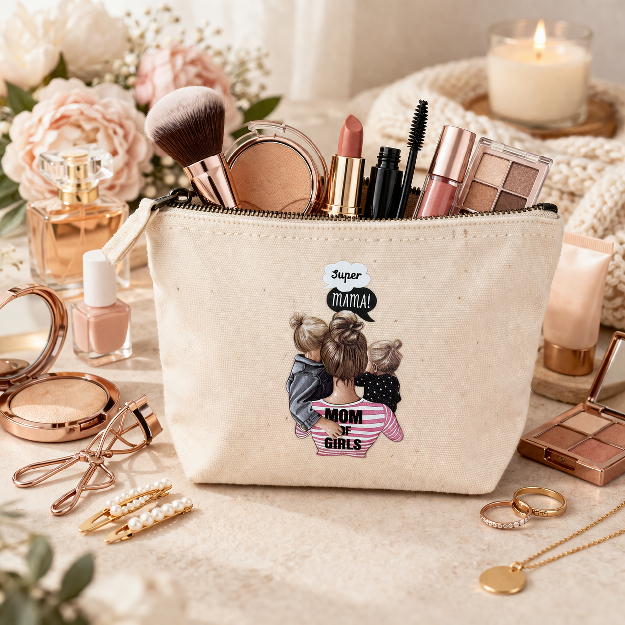 Kosmetiktasche „Super Mama“ Beige Canvas – Schminktasche Make-up Tasche Geschenk Muttertag
