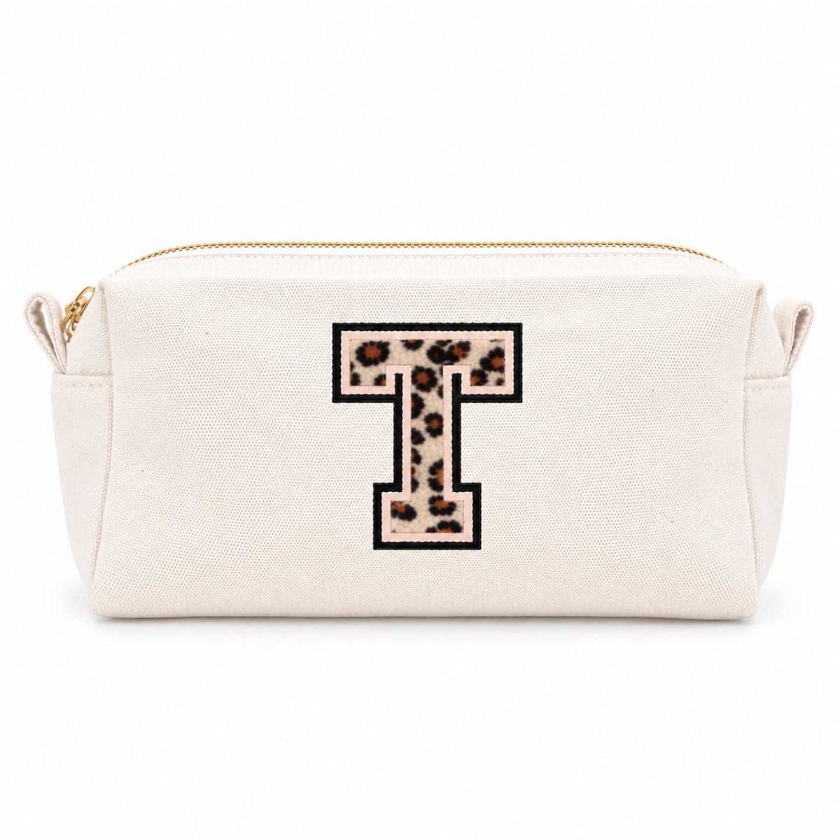Kosmetiktasche mit Leo-Buchstaben A–Z oder Herz | Baumwolle Make-up Tasche S & L | Beige & Schwarz | Personalisiertes Geschenk für Frauen Kulturbeutel Reiseorganizer