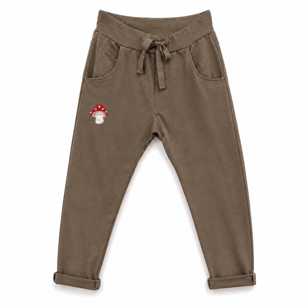 Damen Jogpants Baggy Hose Glückspilz Handstickerei Baumwolle S–XXL Beige Braun Taupe Schwarz