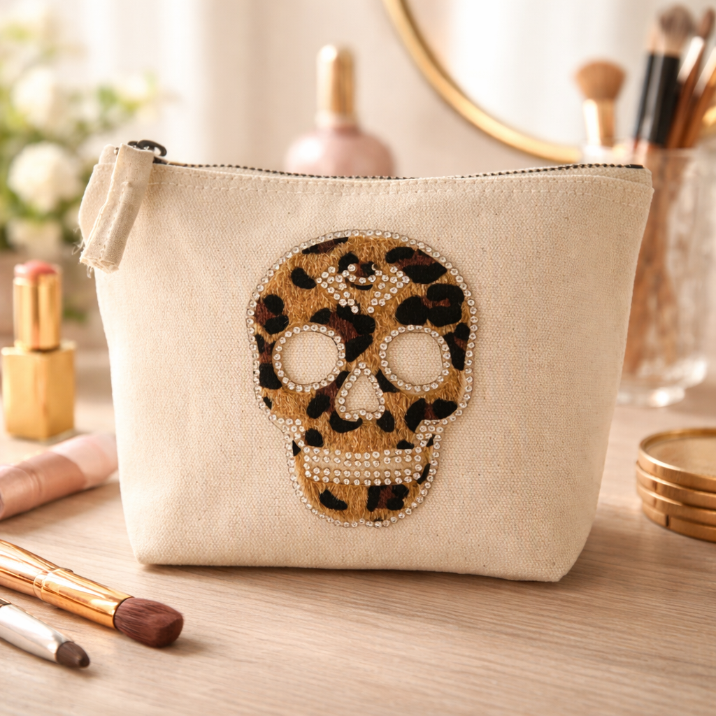 Kosmetiktasche Beige Totenkopf Strass Make-up Tasche Schminktasche Geschenk