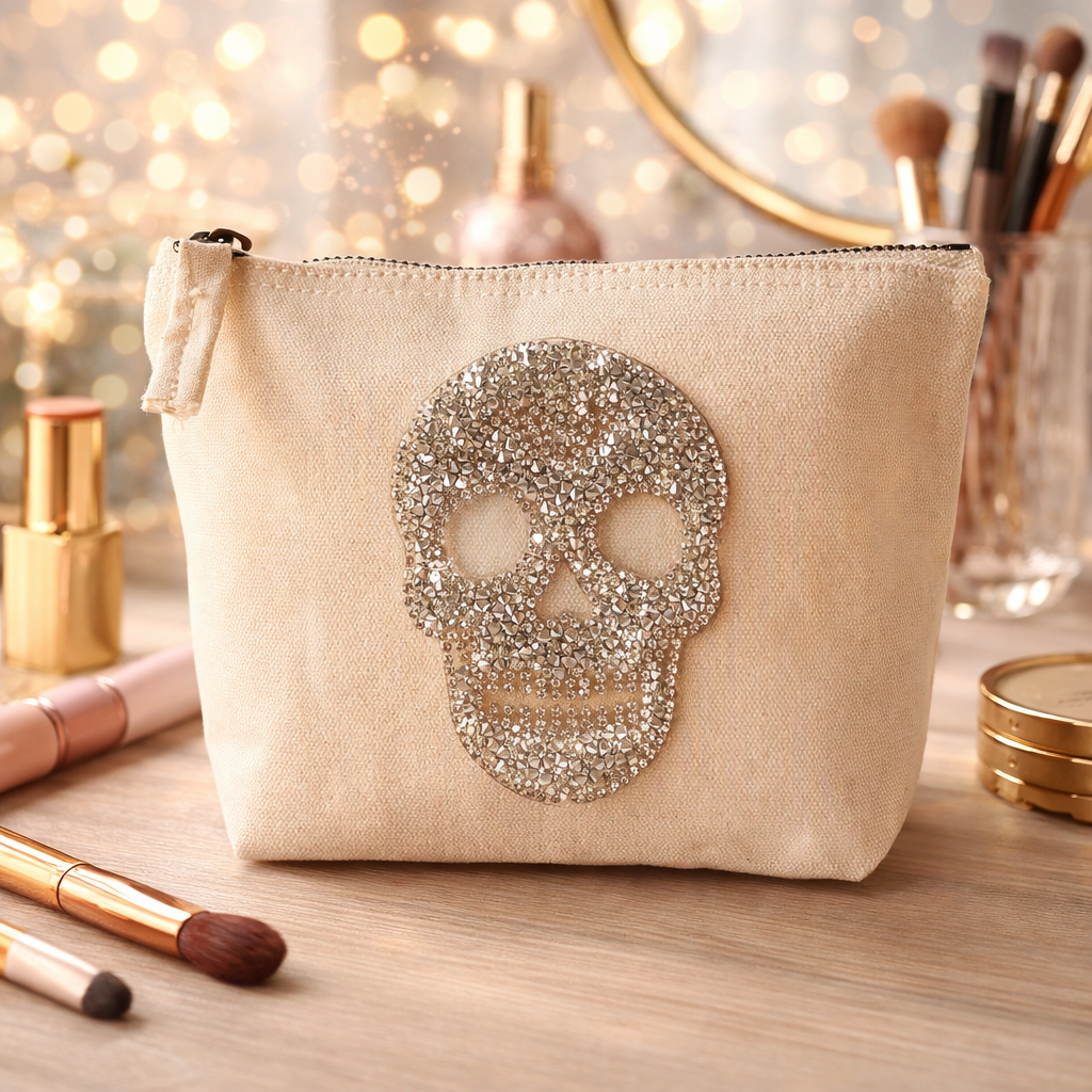 Kosmetiktasche Beige Totenkopf Strass Make-up Tasche Schminktasche Geschenk