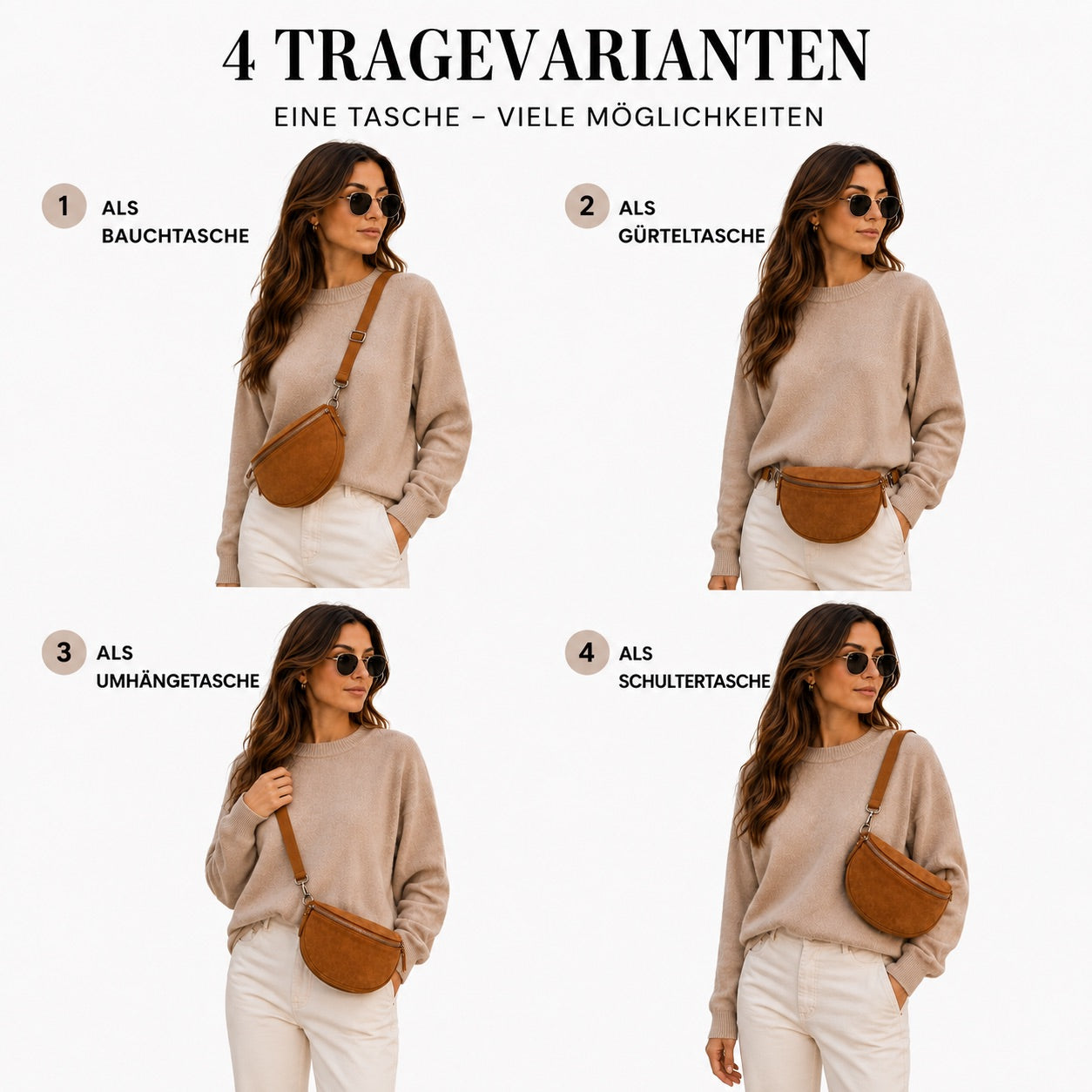Damen Wildleder Crossbody Bag BASIC – Bauchtasche, Gürteltasche, Schulter- & Umhängetasche – S–L Beige Braun Schwarz