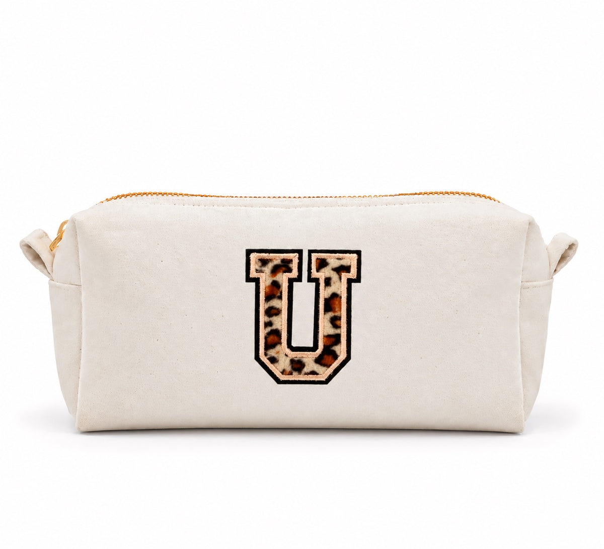 Kosmetiktasche mit Leo-Buchstaben A–Z oder Herz | Baumwolle Make-up Tasche S & L | Beige & Schwarz | Personalisiertes Geschenk für Frauen Kulturbeutel Reiseorganizer